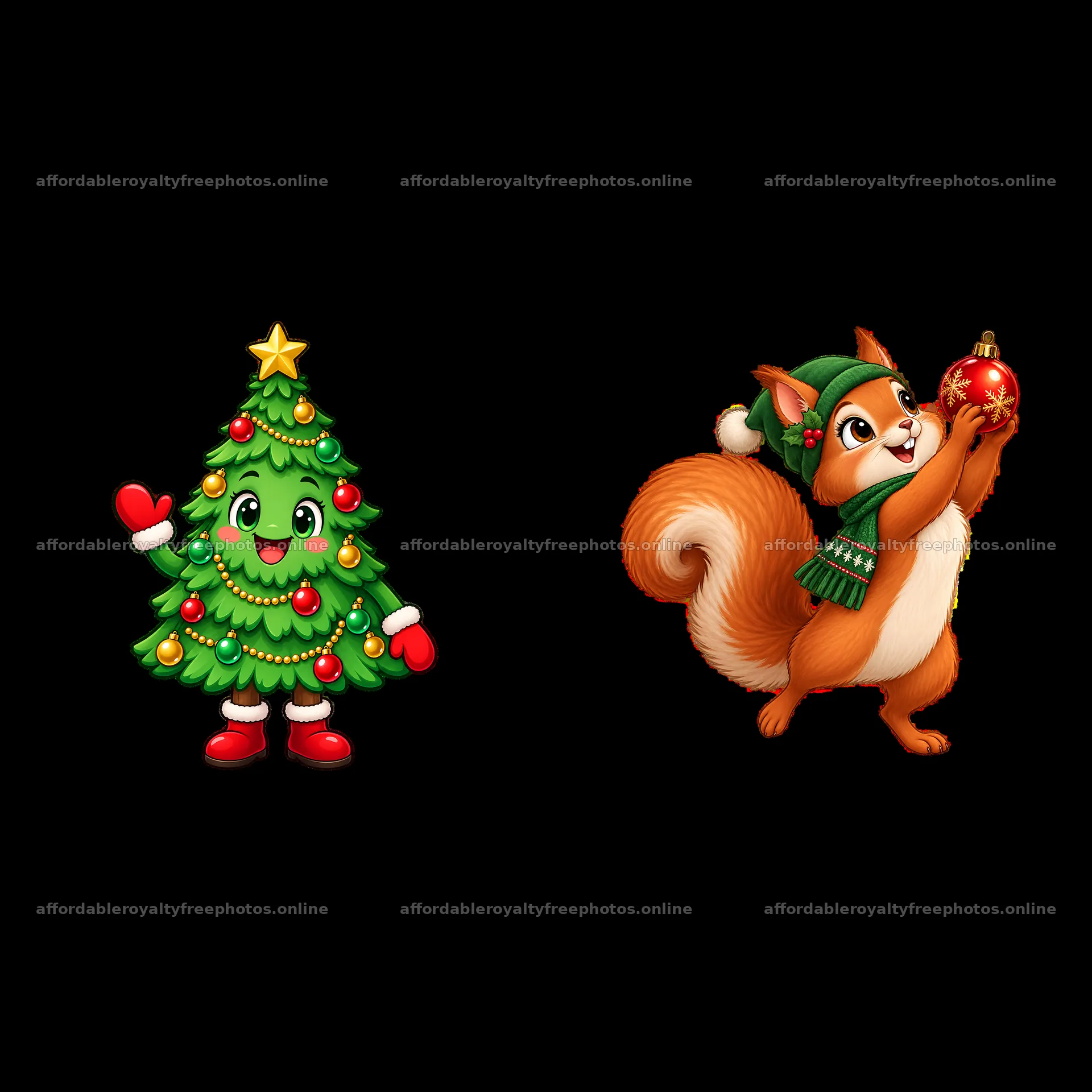 Christmas tree character and squirrel with ornament – royalty-free photos 7746x7746
