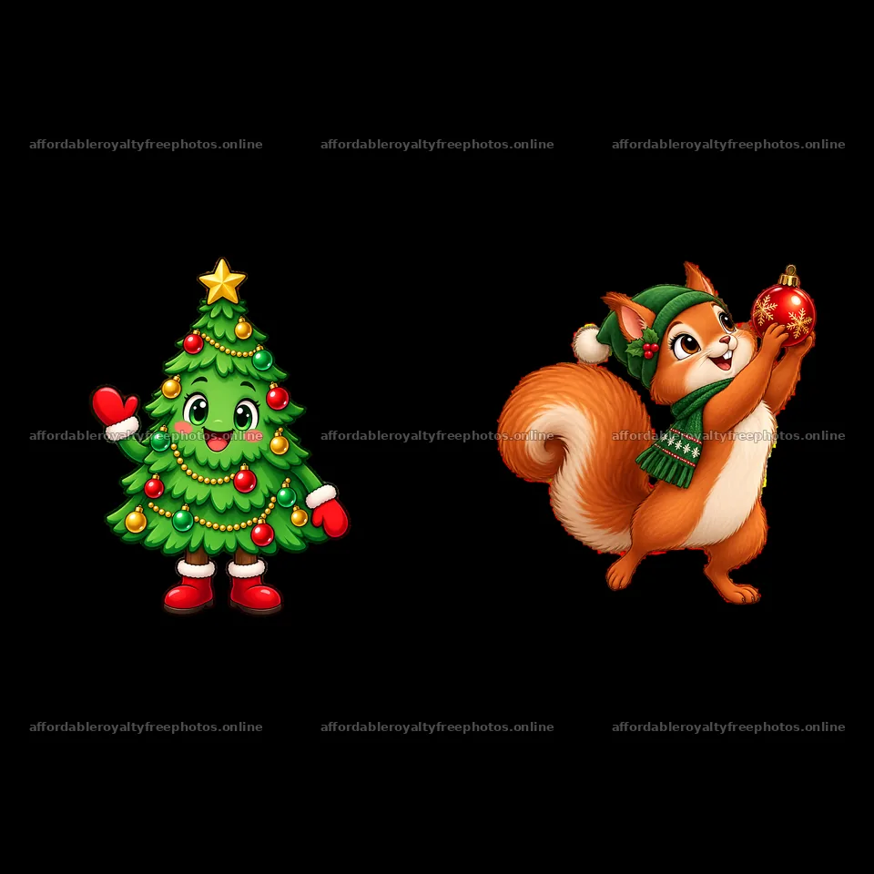 Christmas tree character and squirrel with ornament – royalty-free photos 7746x7746