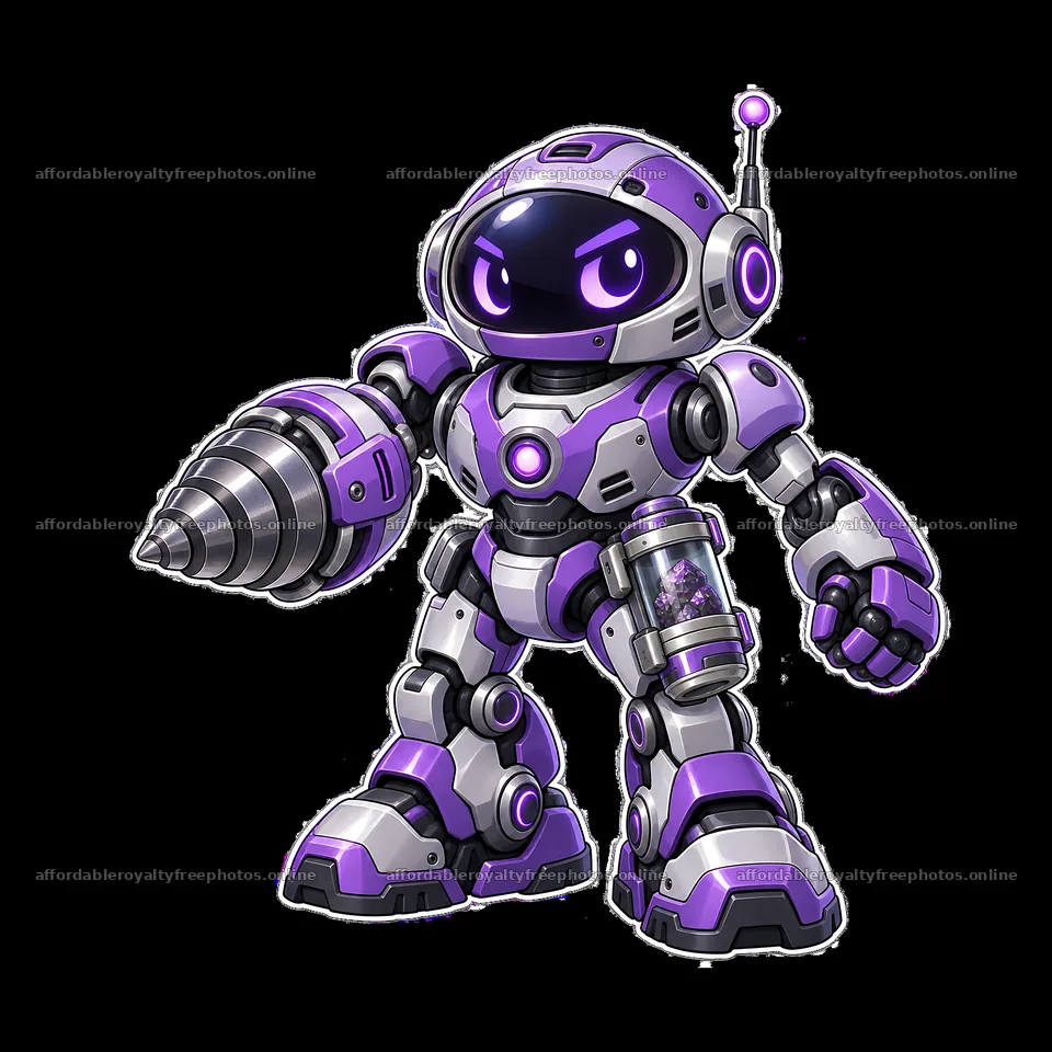 Purple mech robot with drilling arm in a cartoon style – royalty-free photos 7746x7746
