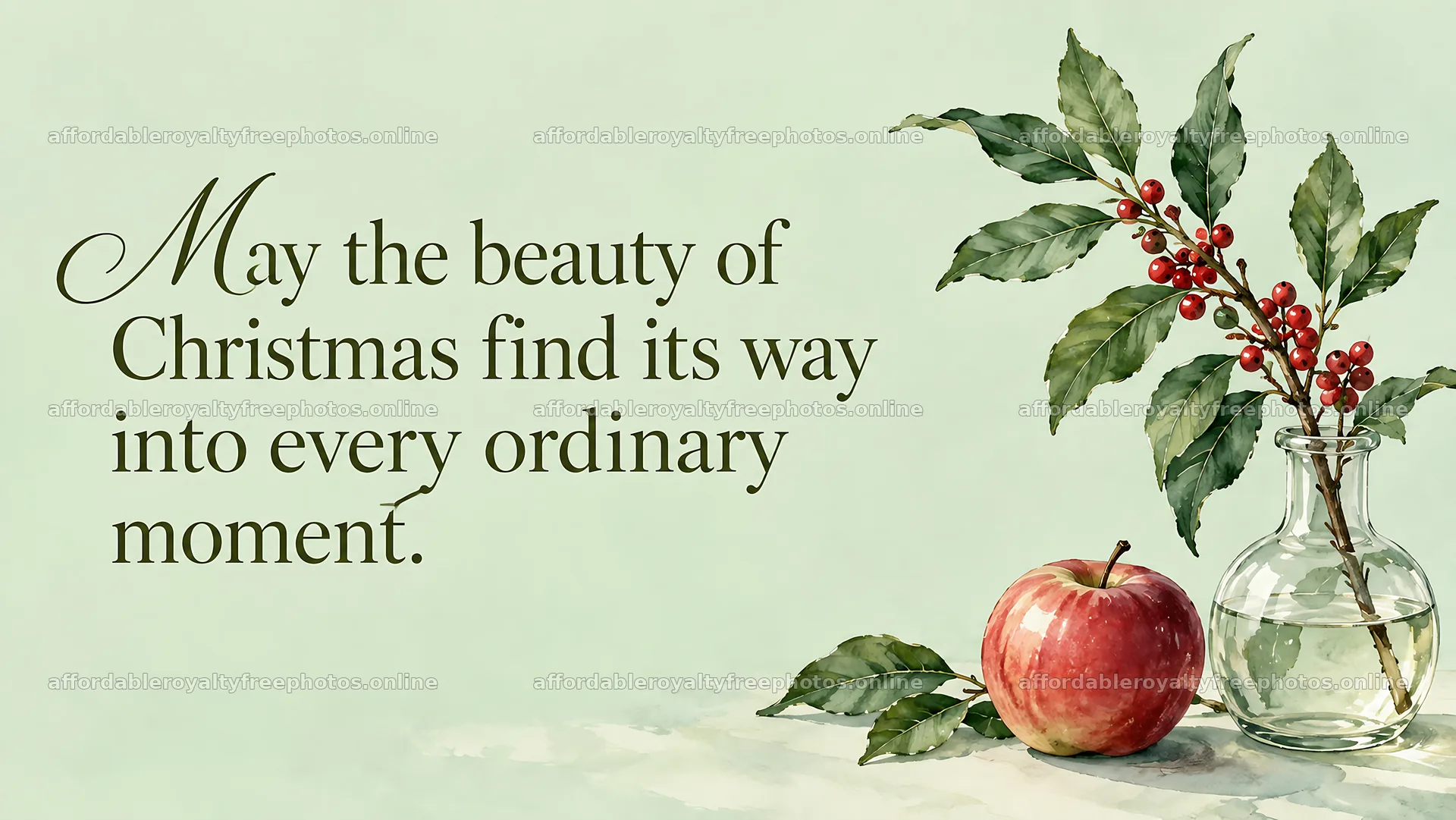 Christmas greeting with holly, berries and an apple – royalty-free photos 10324x5812