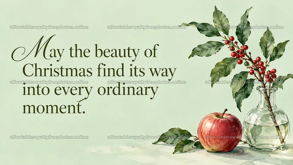 Christmas greeting with holly, berries and an apple – royalty-free photos 10324x5812