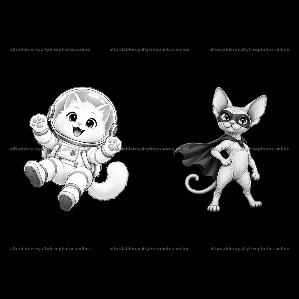 Cat astronaut and superhero in monochrome cartoon design – royalty-free photos 7746x7746