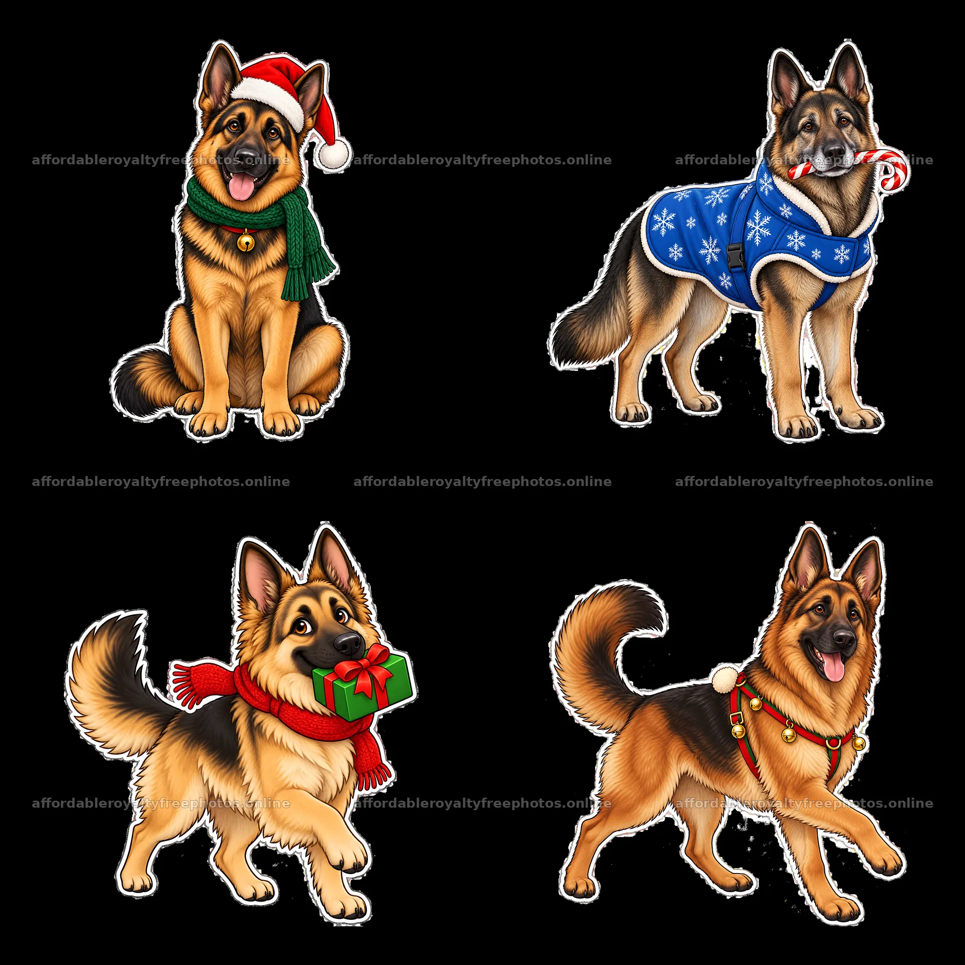 German Shepherds in Christmas outfits with festive – royalty-free photos 7746x7746