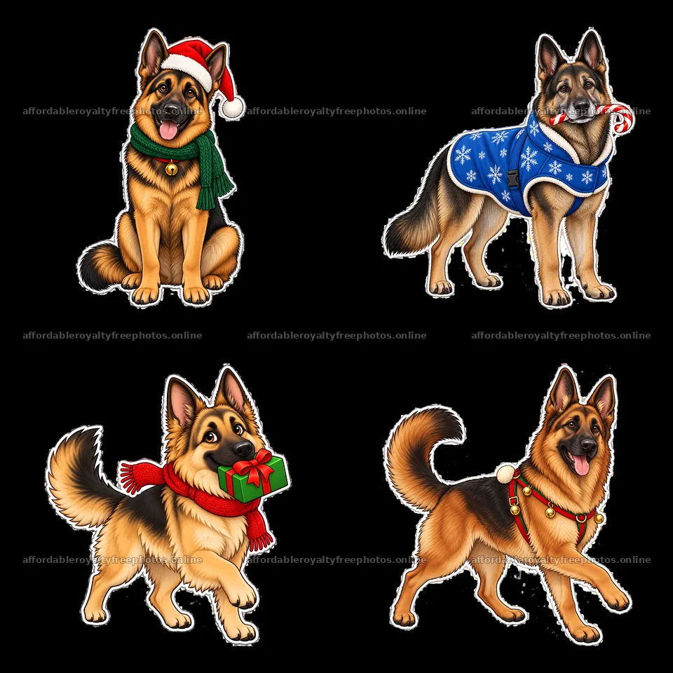 German Shepherds in Christmas outfits with festive – royalty-free photos 7746x7746