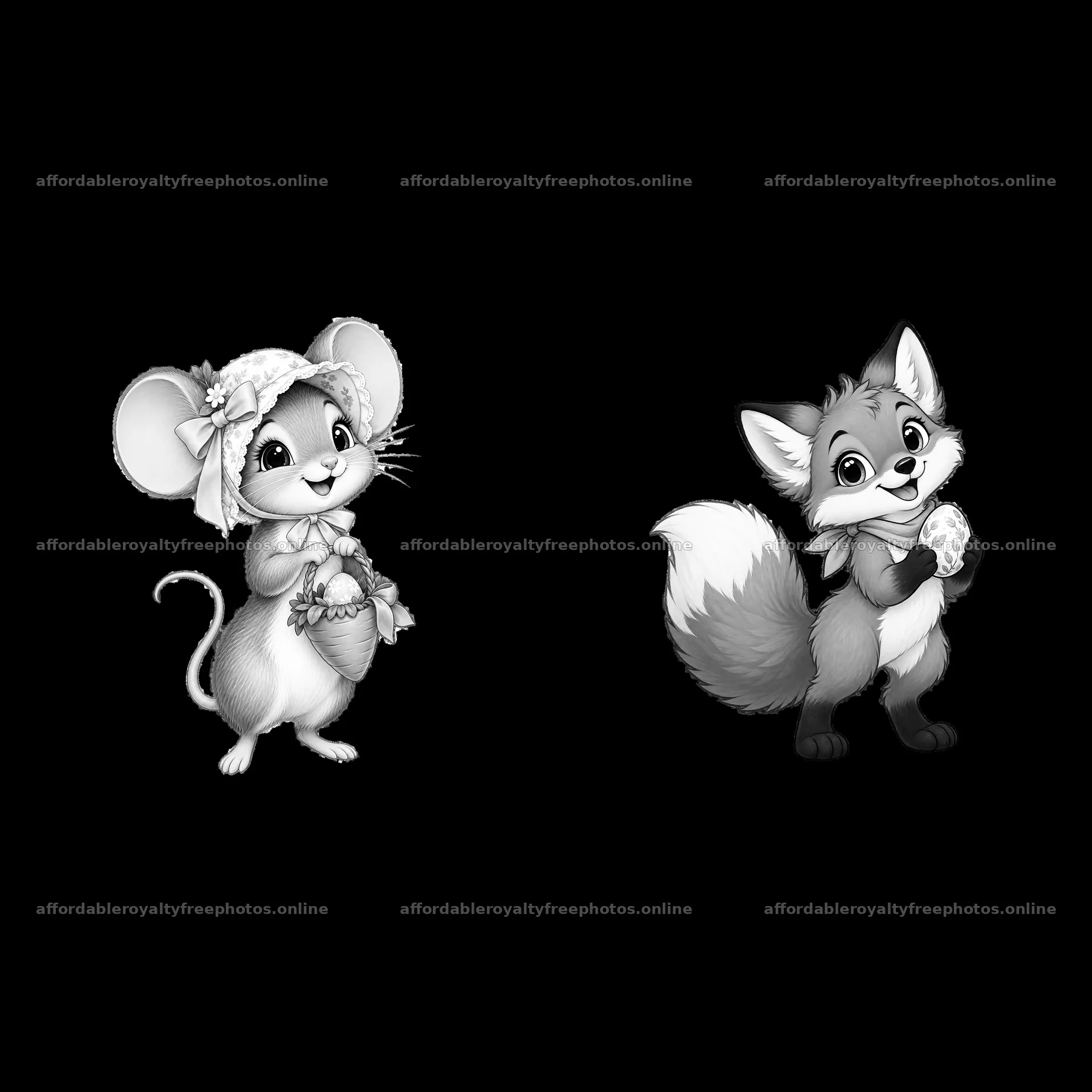Easter meadow characters holding eggs and flowers – royalty-free photos 7746x7746