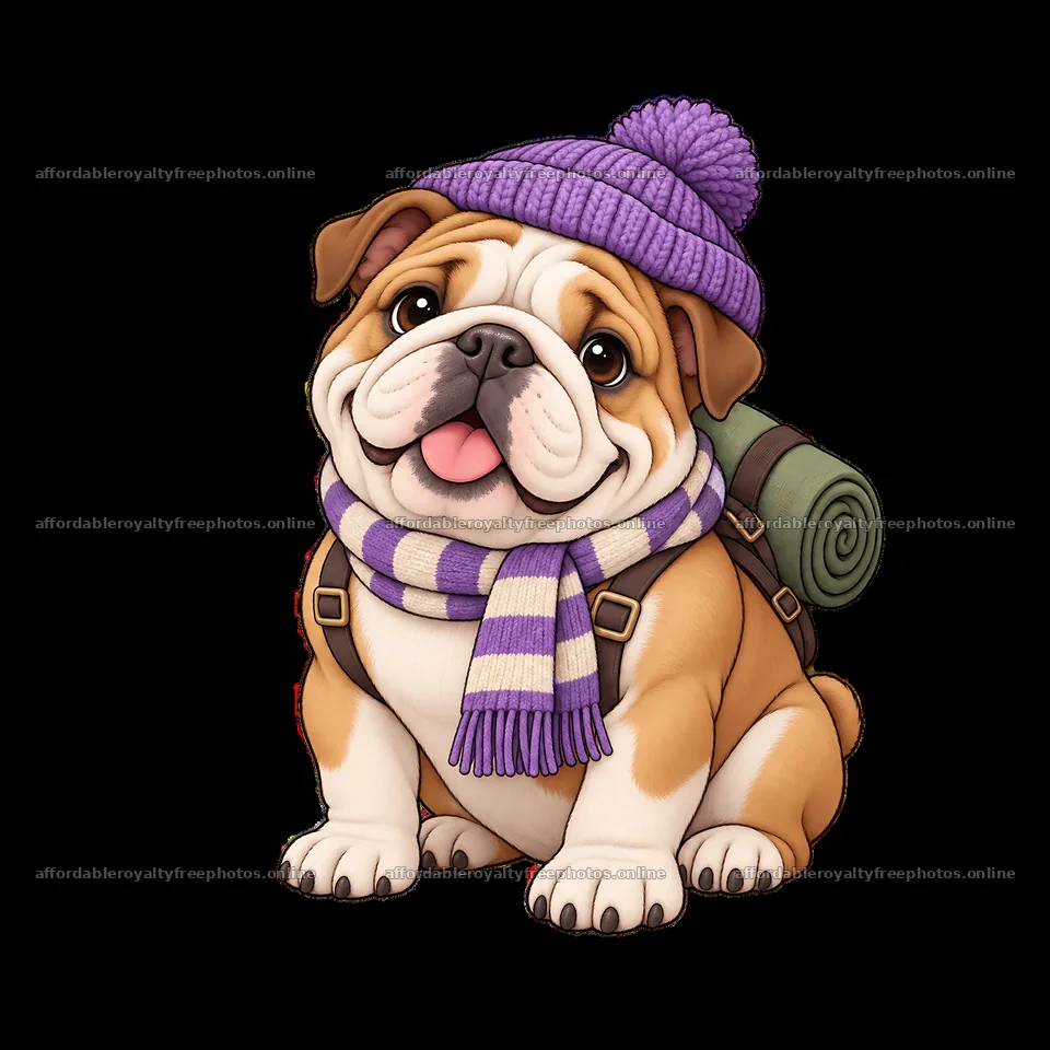 Bulldog dog with a backpack, scarf, and hat ready for – royalty-free photos 7746x7746
