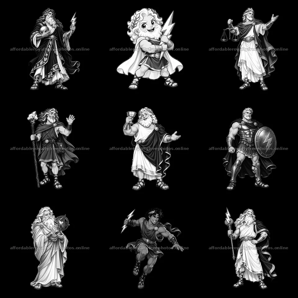 Zeus and Greek gods in black-and-white cartoon sticker – royalty-free photos 7746x7746