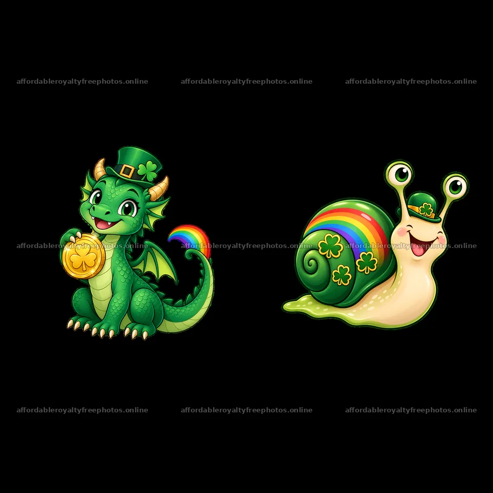 Green dragon and snail celebrating St. Patrick's Day – royalty-free photos 7746x7746