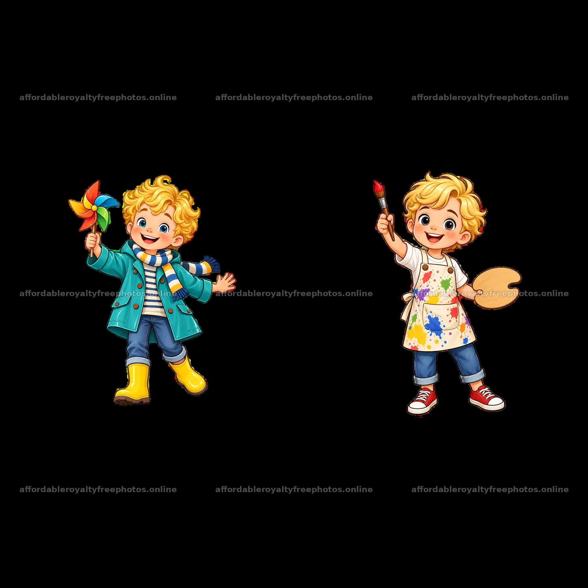 Blond child holding a pinwheel and paintbrush in a – royalty-free photos 7746x7746