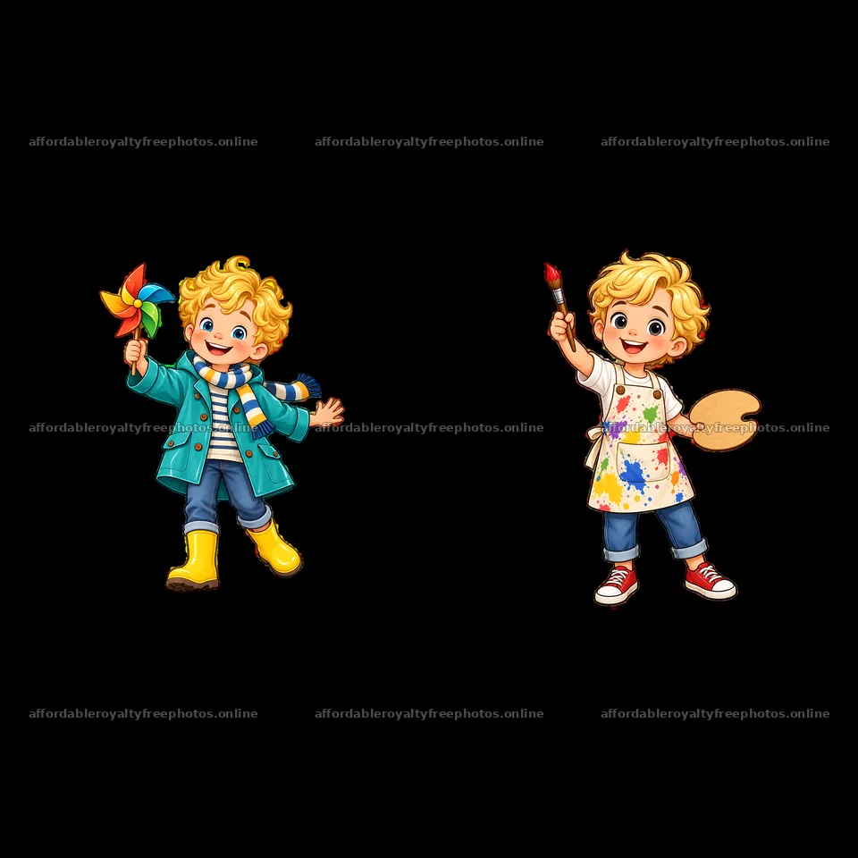 Blond child holding a pinwheel and paintbrush in a – royalty-free photos 7746x7746