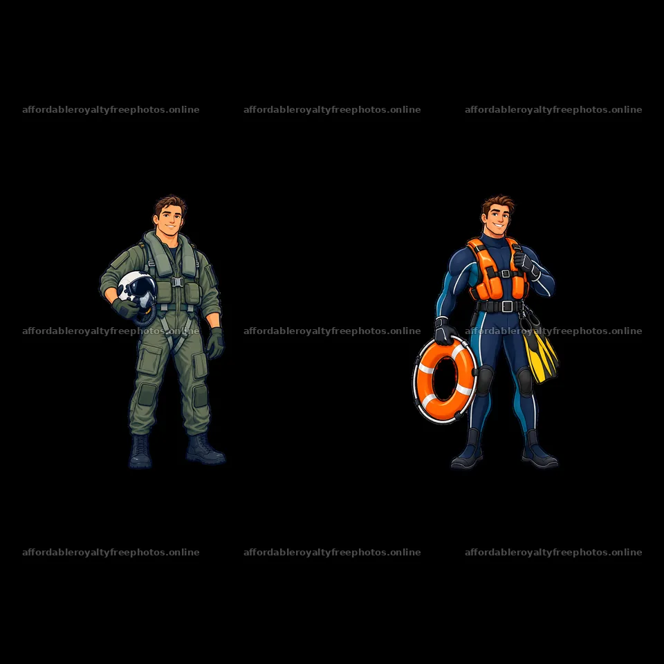 Pilot and rescue swimmer cartoon stickers on aircraft – royalty-free photos 7746x7746