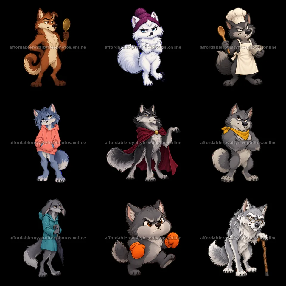 Grumpy wolf cartoon stickers in a 3x3 grid layout – royalty-free photos 7746x7746