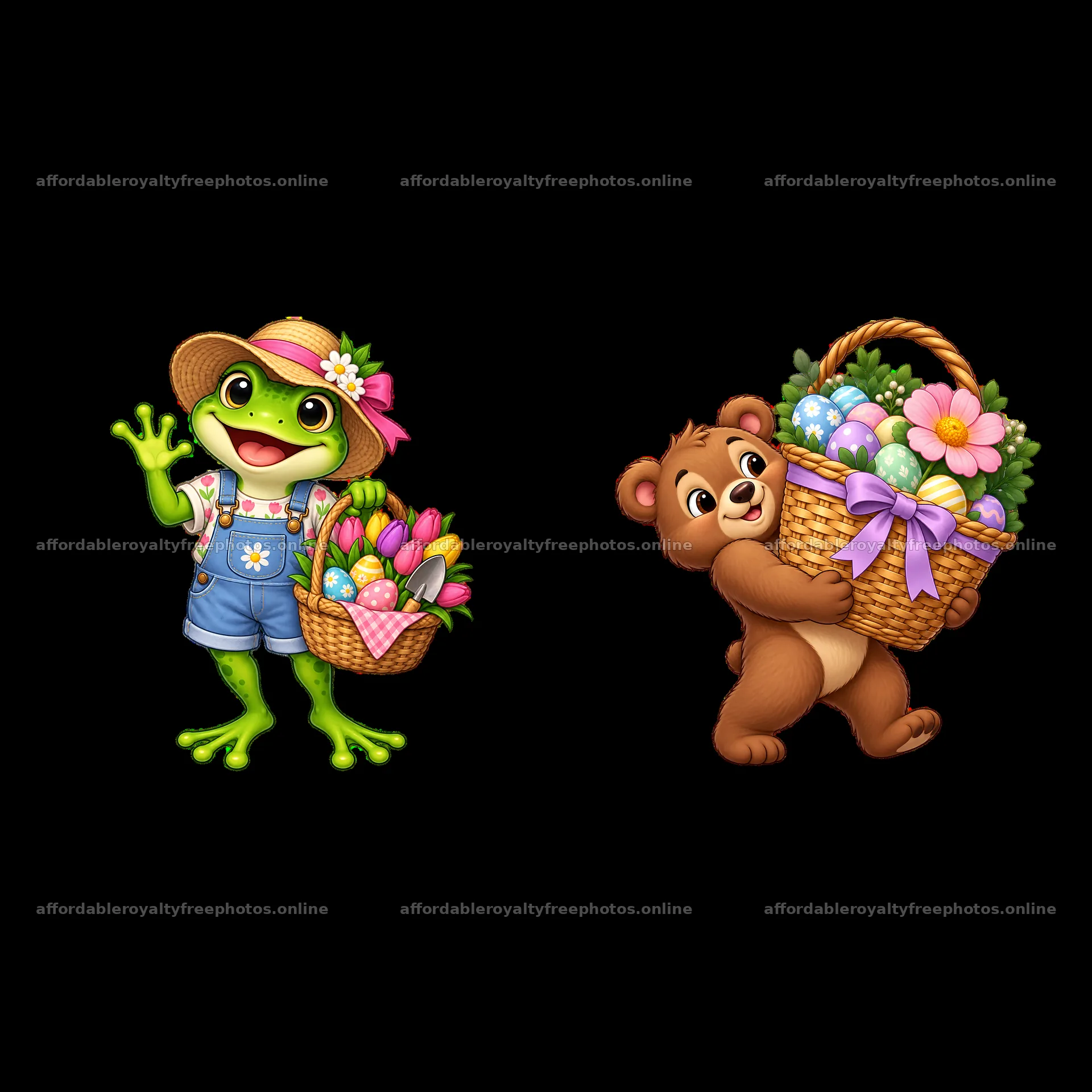 Frog and bear with Easter baskets full of flowers and – royalty-free photos 7746x7746