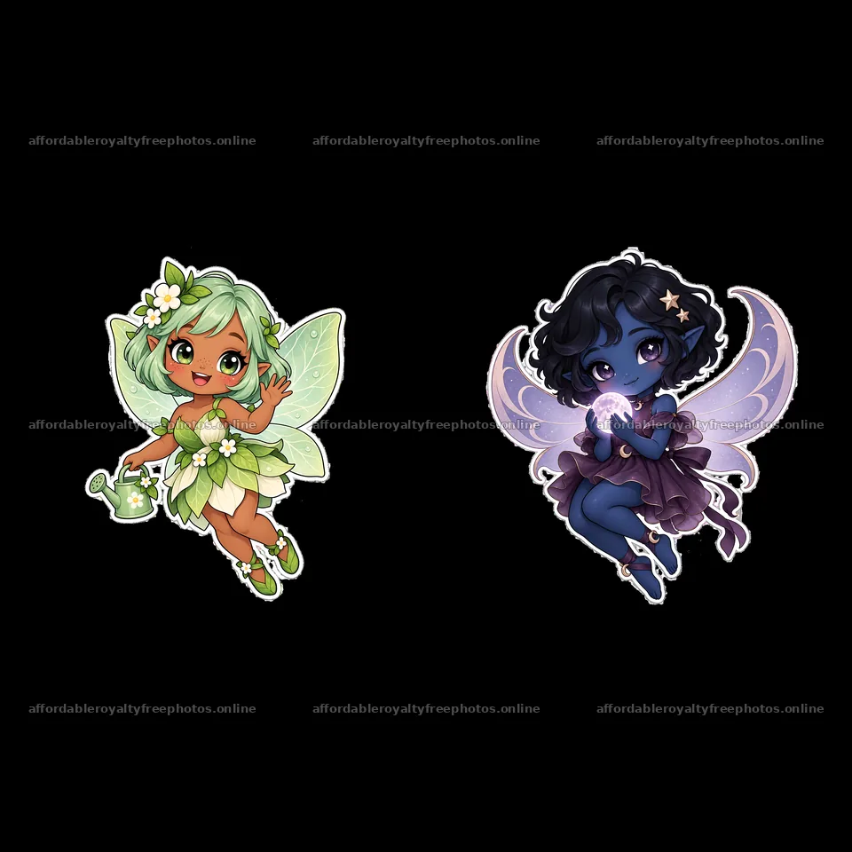 Chubby fairy characters in green and purple outfits – royalty-free photos 7746x7746