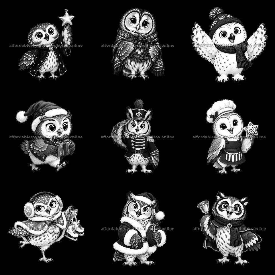 Christmas owl stickers in a 3x3 grid with various poses – royalty-free photos 7746x7746