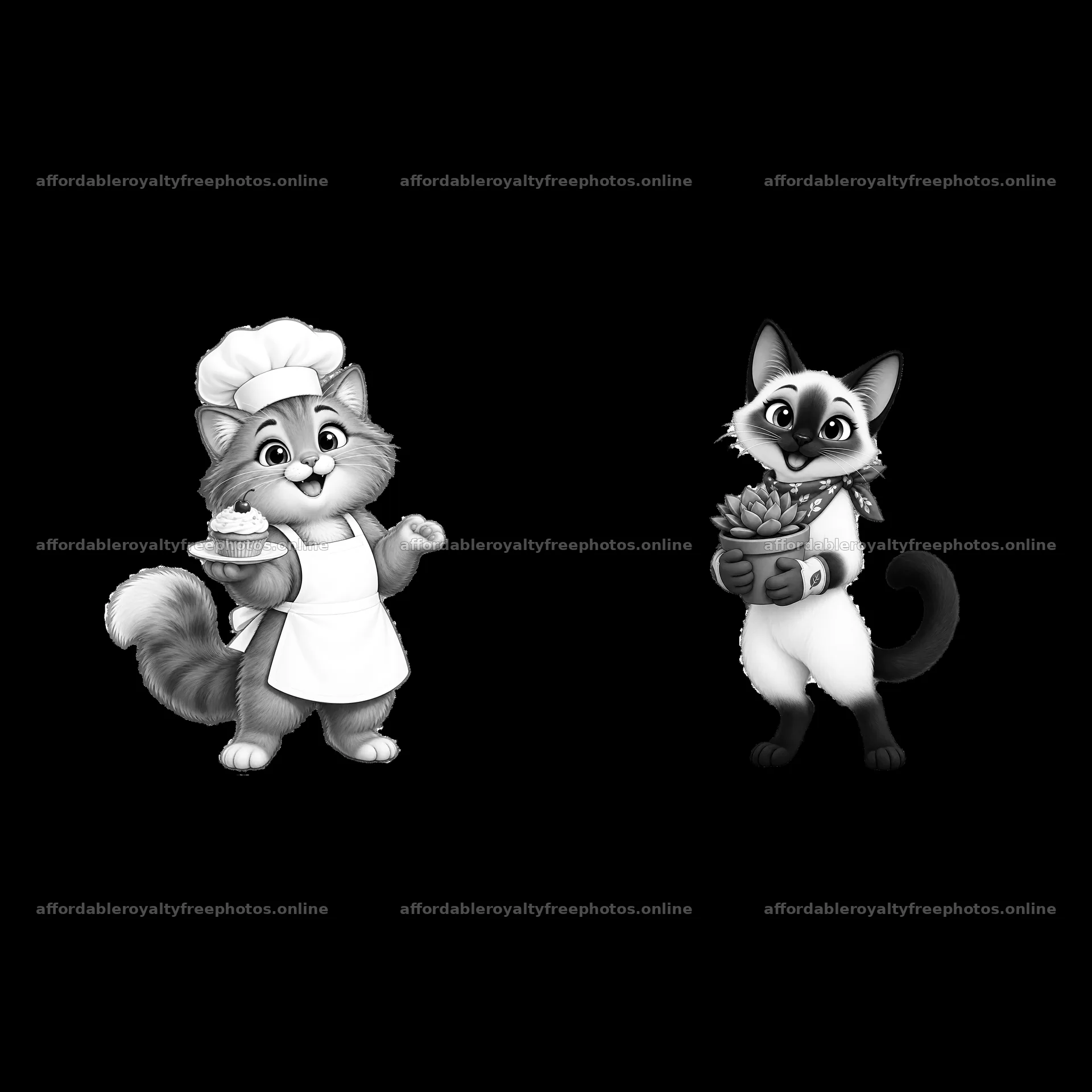 Two cartoon cats in chef attire holding food items – royalty-free photos 7746x7746
