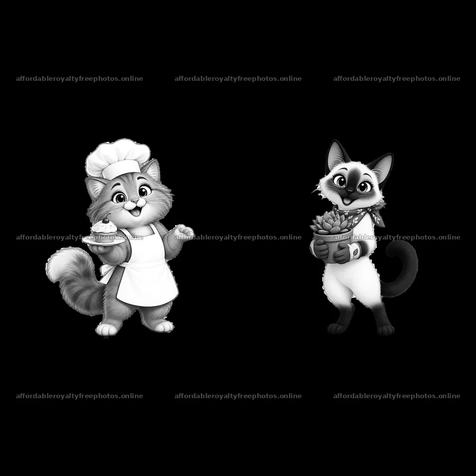 Two cartoon cats in chef attire holding food items – royalty-free photos 7746x7746