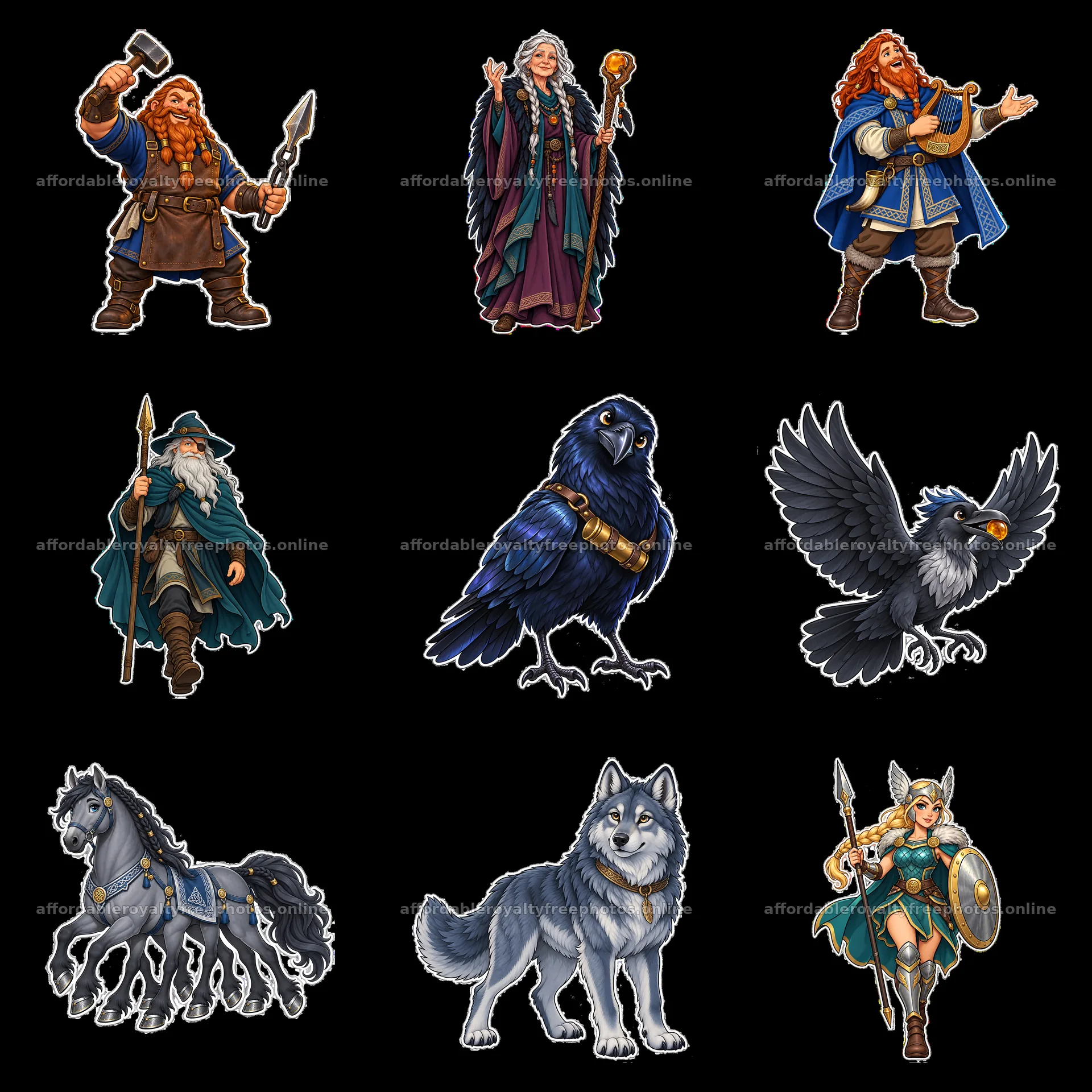 Odin and Norse myth characters with animals in a 3x3 grid – royalty-free photos 7746x7746