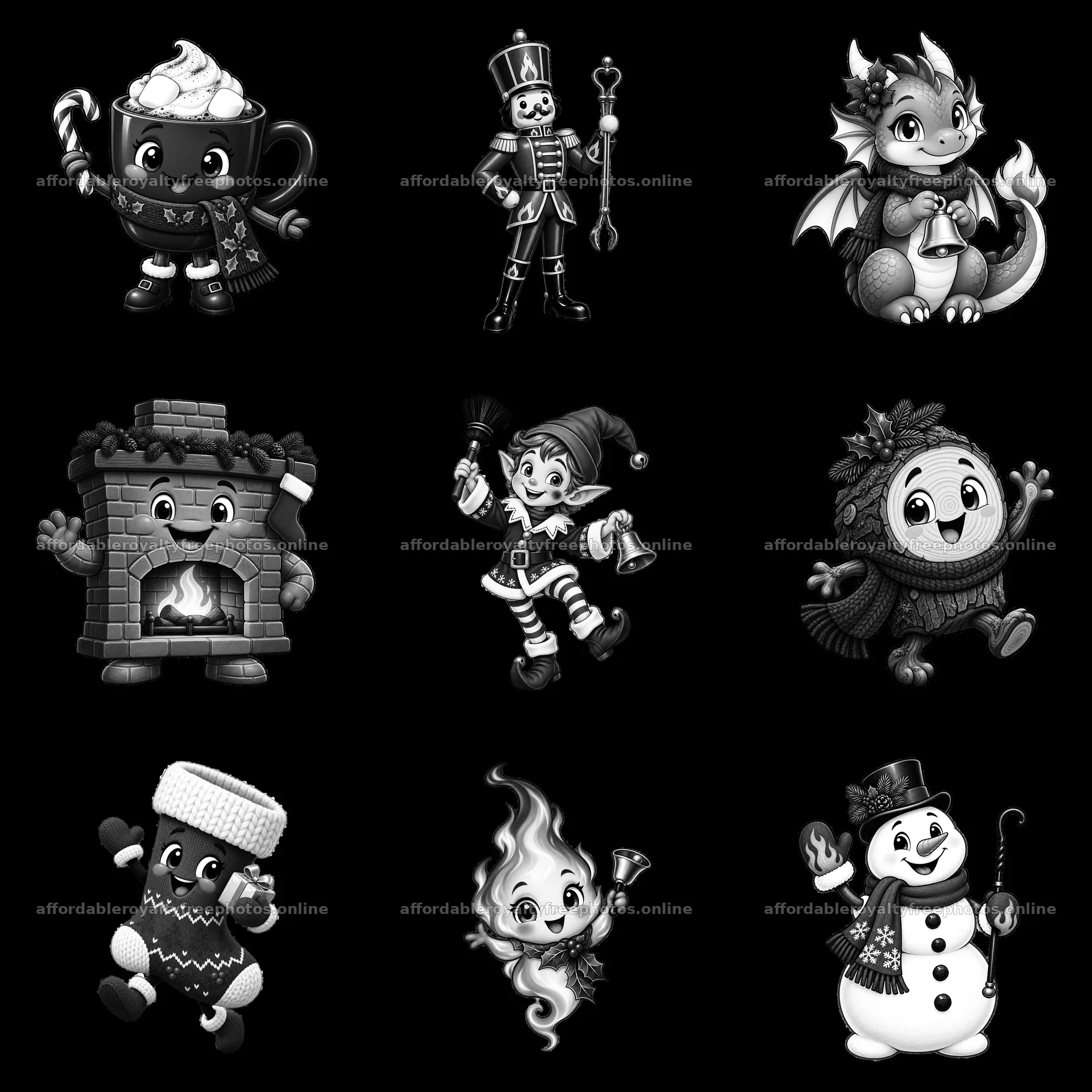 Christmas characters in a 3x3 grid with festive themes – royalty-free photos 7746x7746