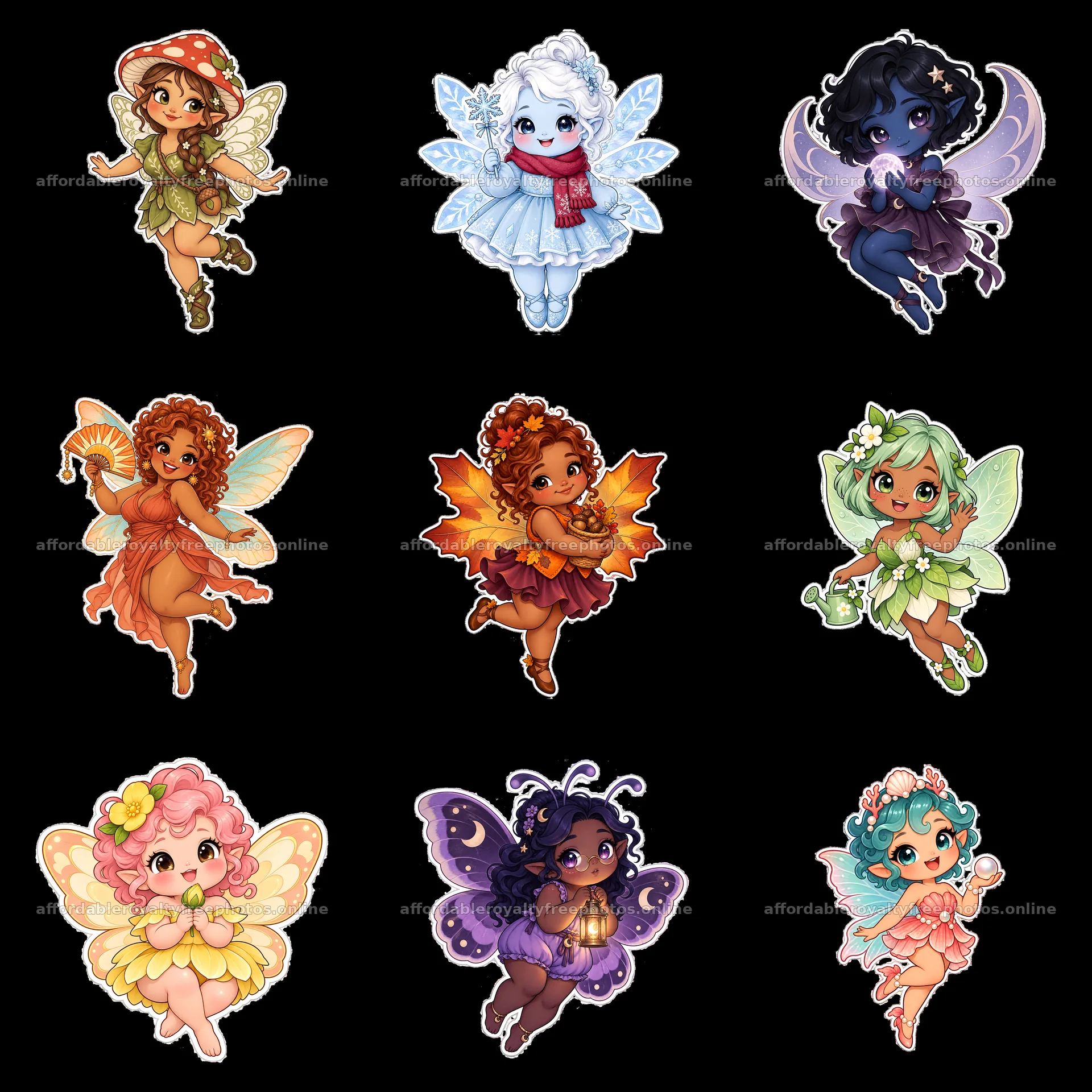 Kawaii chubby fairy characters in a 3x3 layout – royalty-free photos 7746x7746