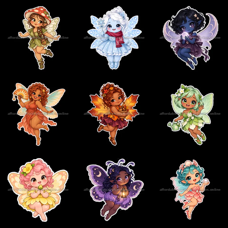 Kawaii chubby fairy characters in a 3x3 layout – royalty-free photos 7746x7746
