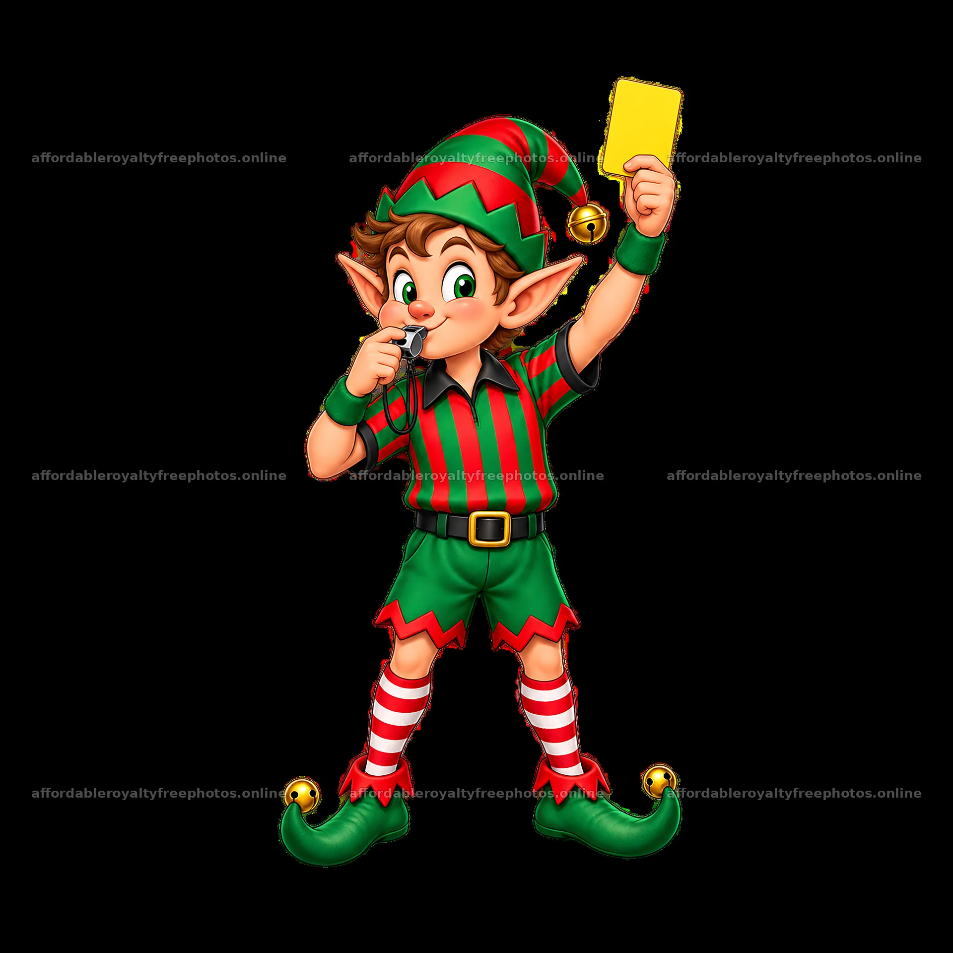 Elf referee holding yellow card during Christmas soccer – royalty-free photos 7746x7746