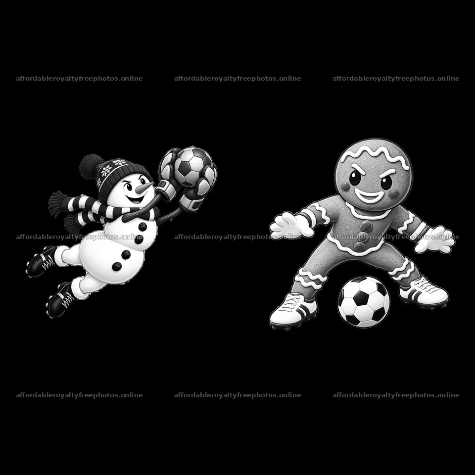 Snowman goalkeeper and gingerbread player in Christmas – royalty-free photos 7746x7746