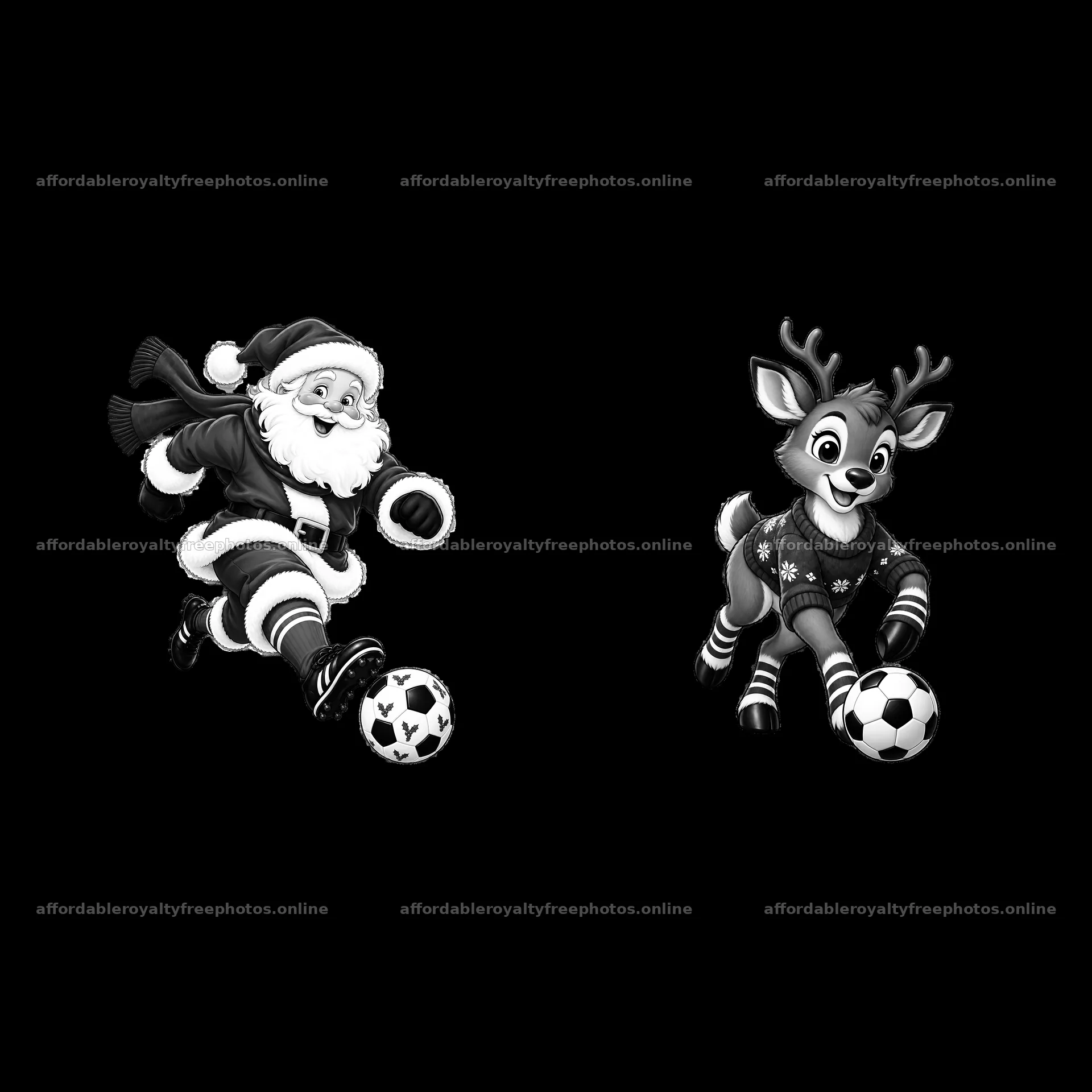 Santa and reindeer playing soccer in Christmas theme – royalty-free photos 7746x7746