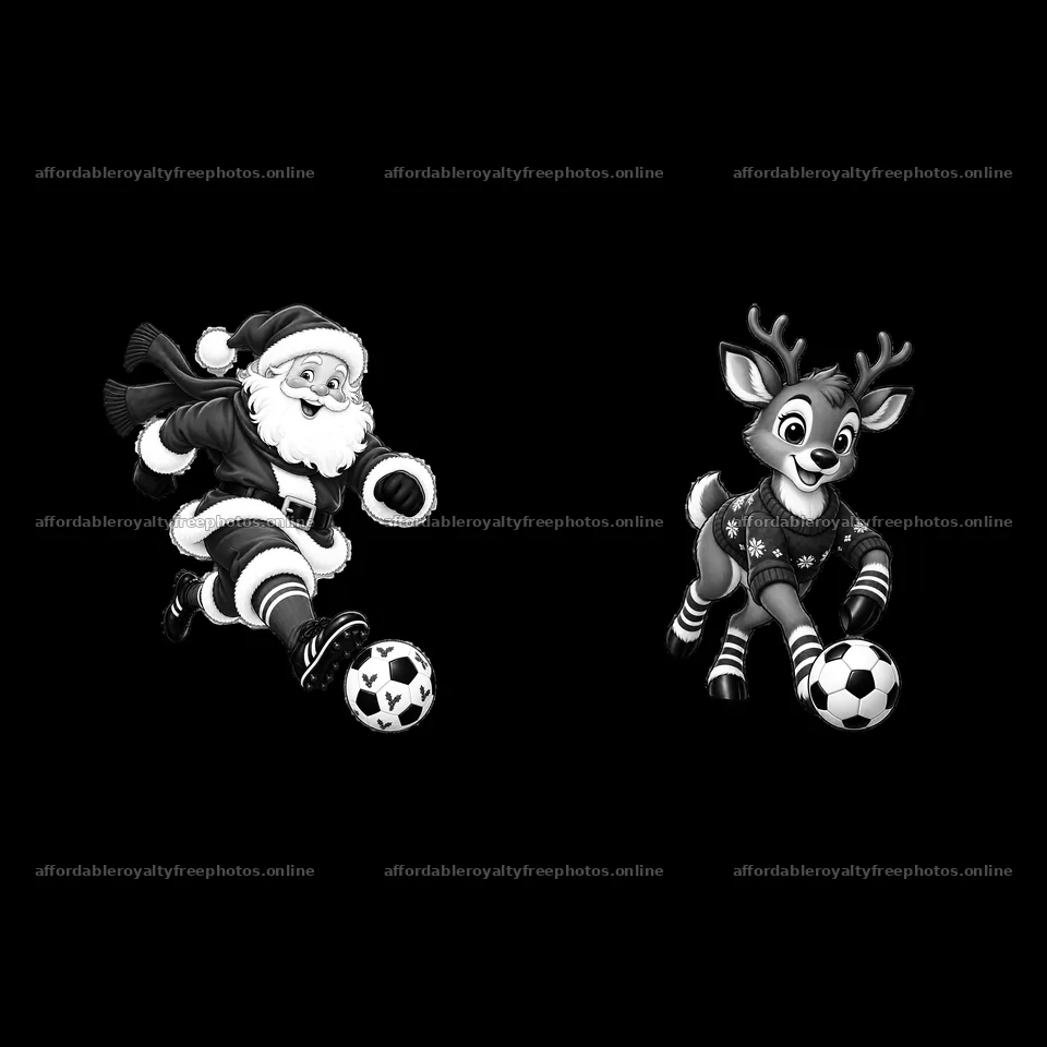 Santa and reindeer playing soccer in Christmas theme – royalty-free photos 7746x7746