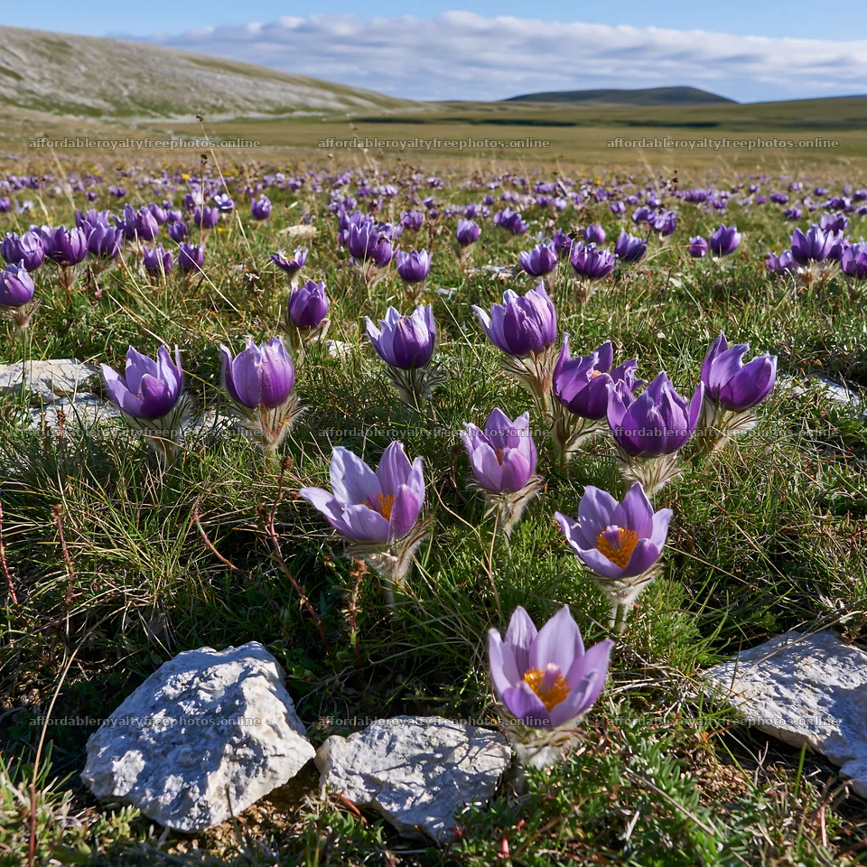 Sunny pasqueflower meadow with purple flowers in – royalty-free photos 7938x7938
