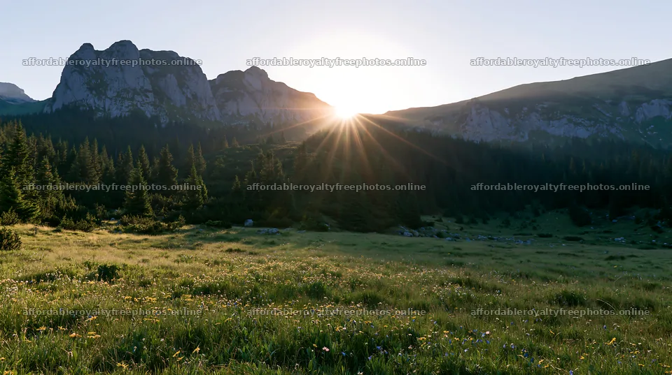 Bucegi Mountains meadow with light rays and sunrise – royalty-free photos 10608x5938