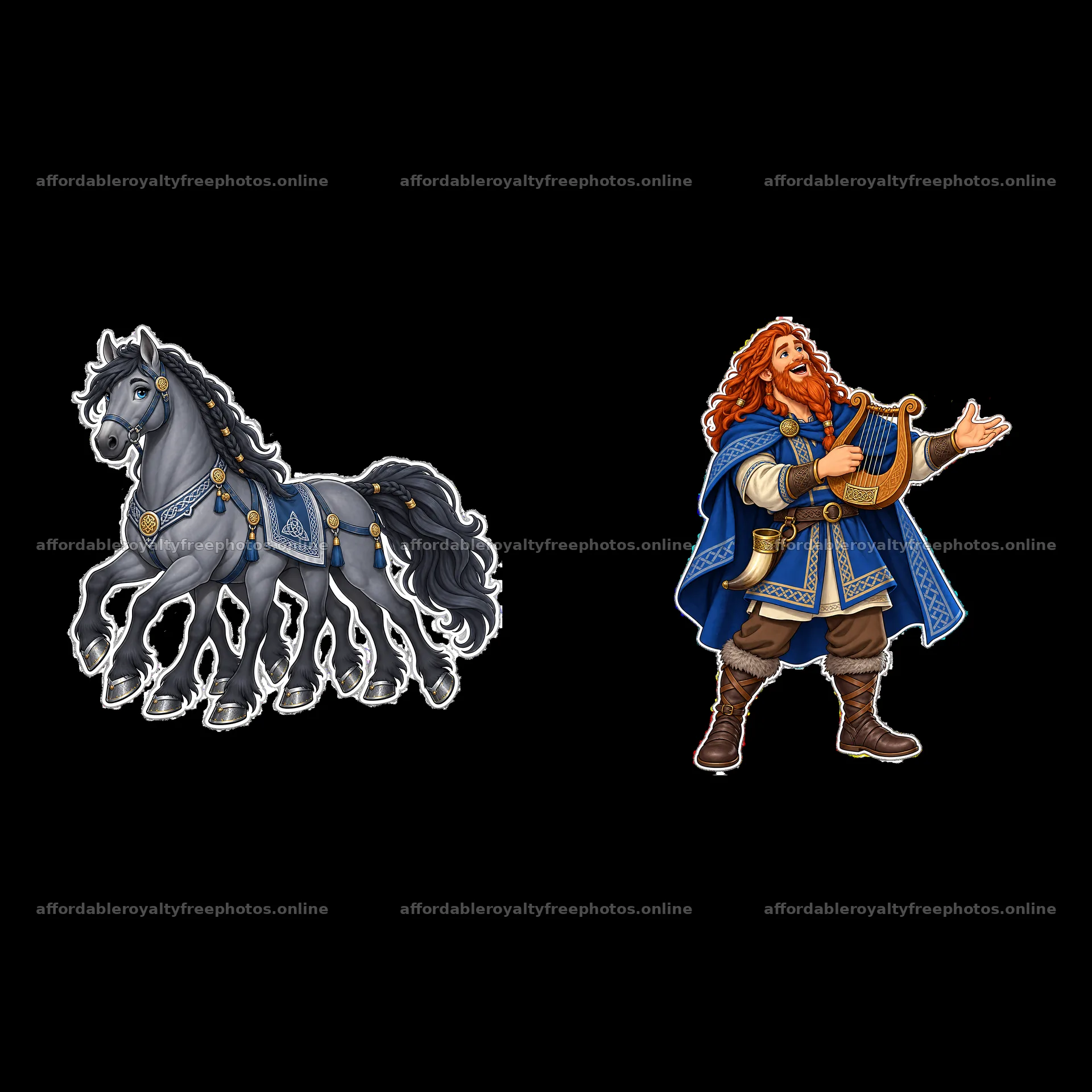 Odin singing and riding his horse Sleipnir in cartoon – royalty-free photos 7746x7746