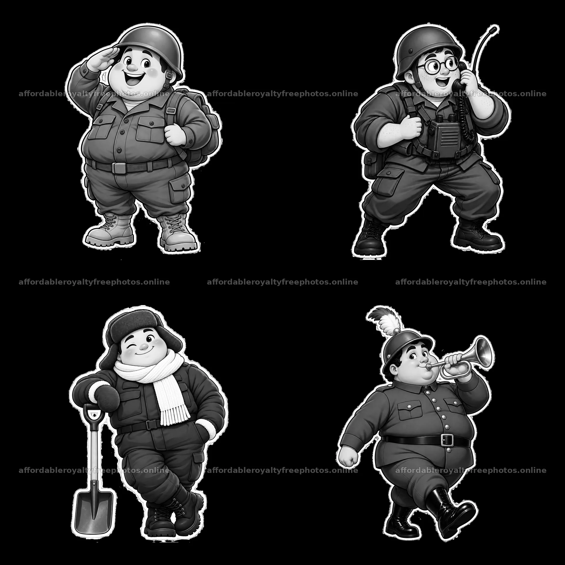 Cute ultra-chubby soldiers in four different poses – royalty-free photos 7746x7746