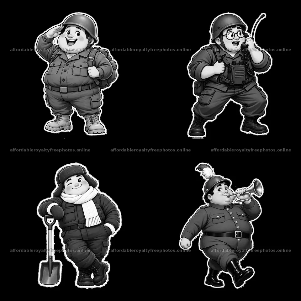 Cute ultra-chubby soldiers in four different poses – royalty-free photos 7746x7746