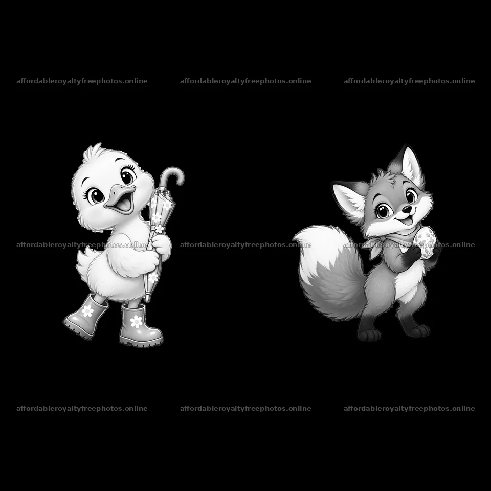 Duckling with umbrella and fox holding ice cream in – royalty-free photos 7746x7746