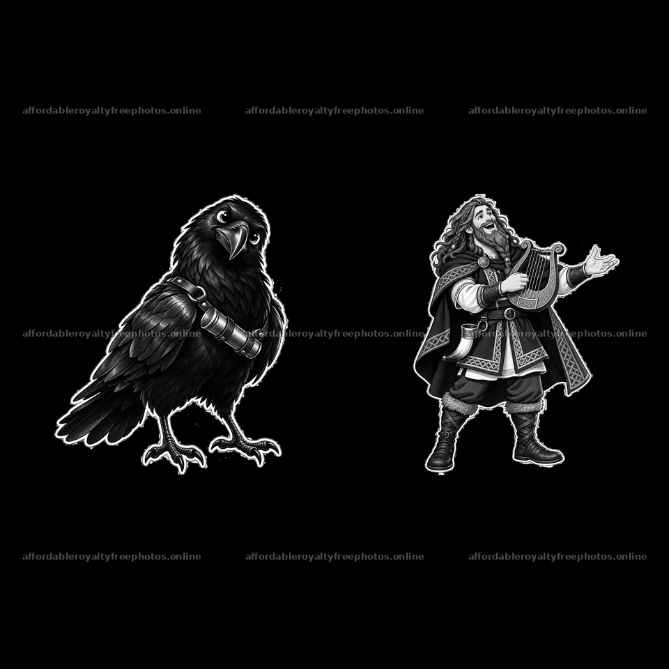Odin's raven and bard in monochrome cartoon illustration – royalty-free photos 7746x7746