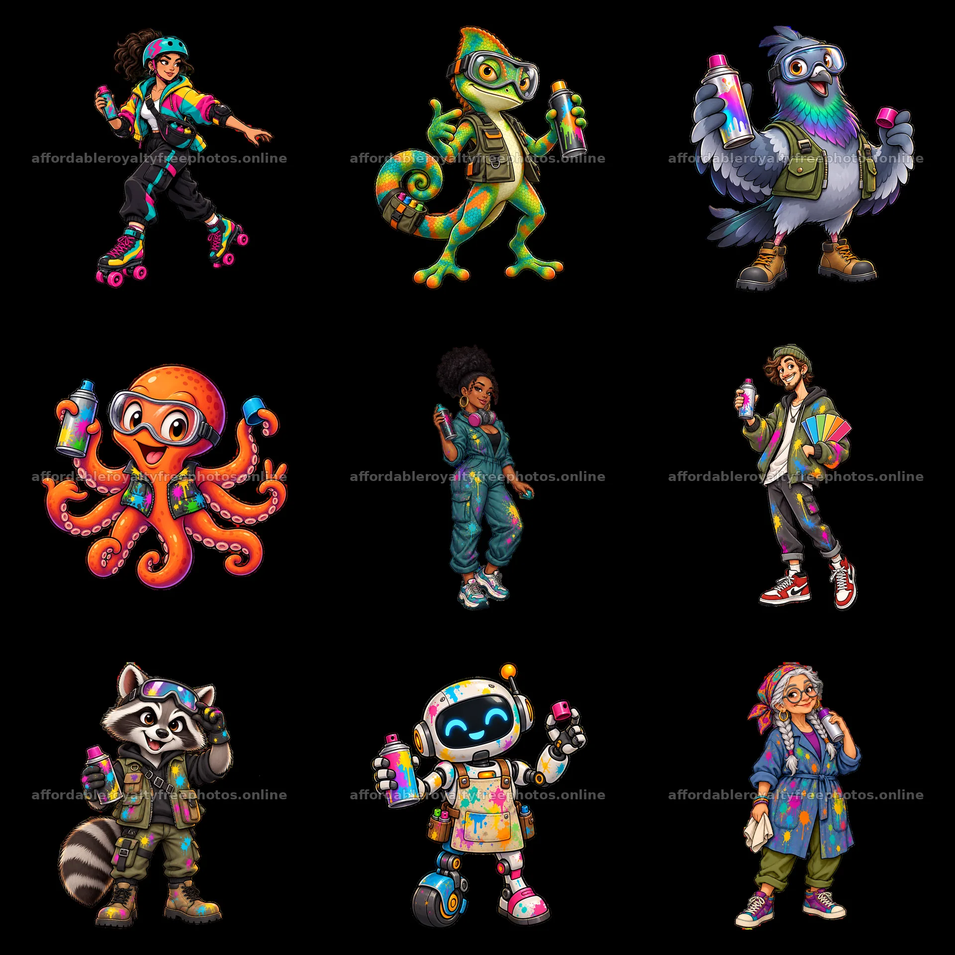 Graffiti sprayers with colorful characters on roller – royalty-free photos 7746x7746