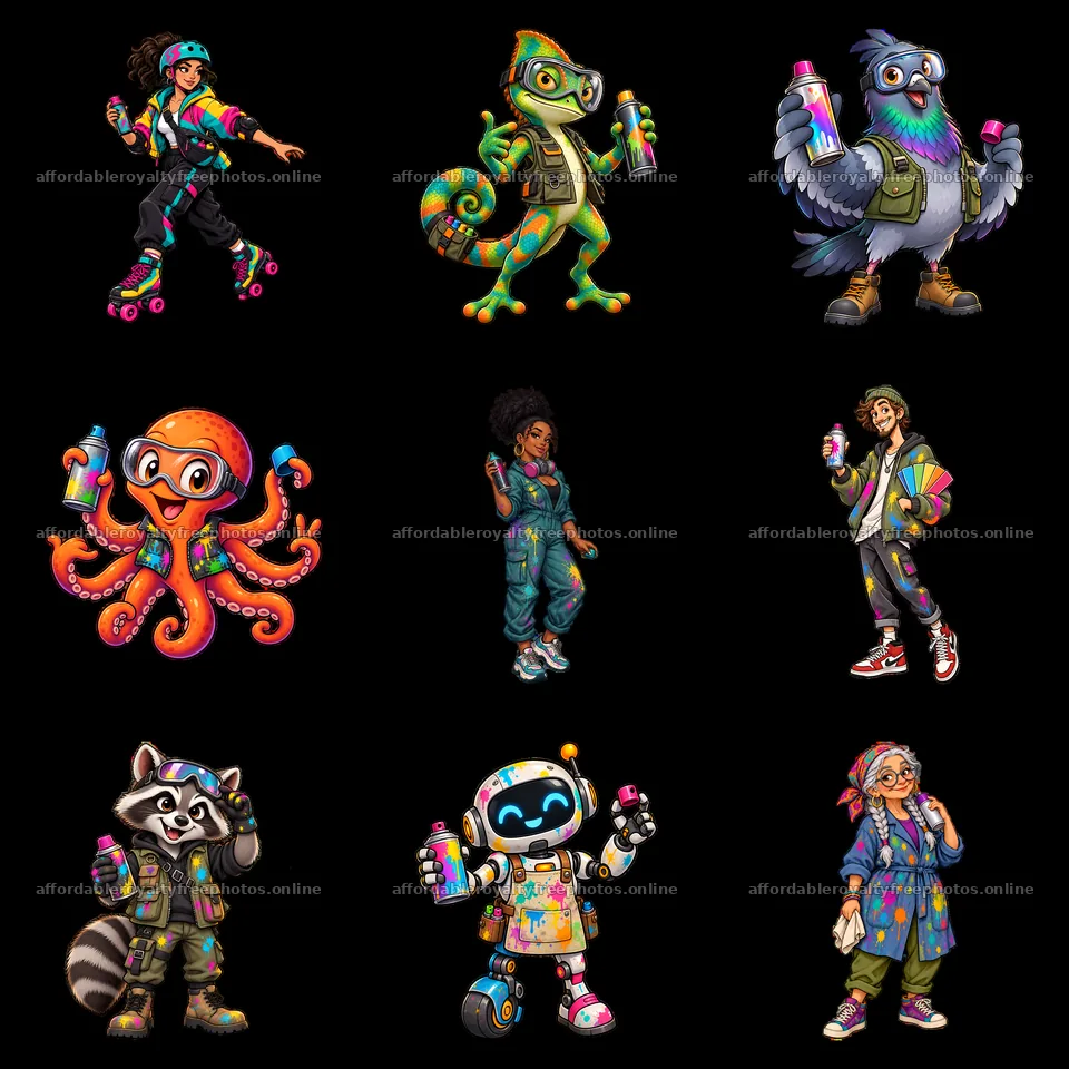 Graffiti sprayers with colorful characters on roller – royalty-free photos 7746x7746