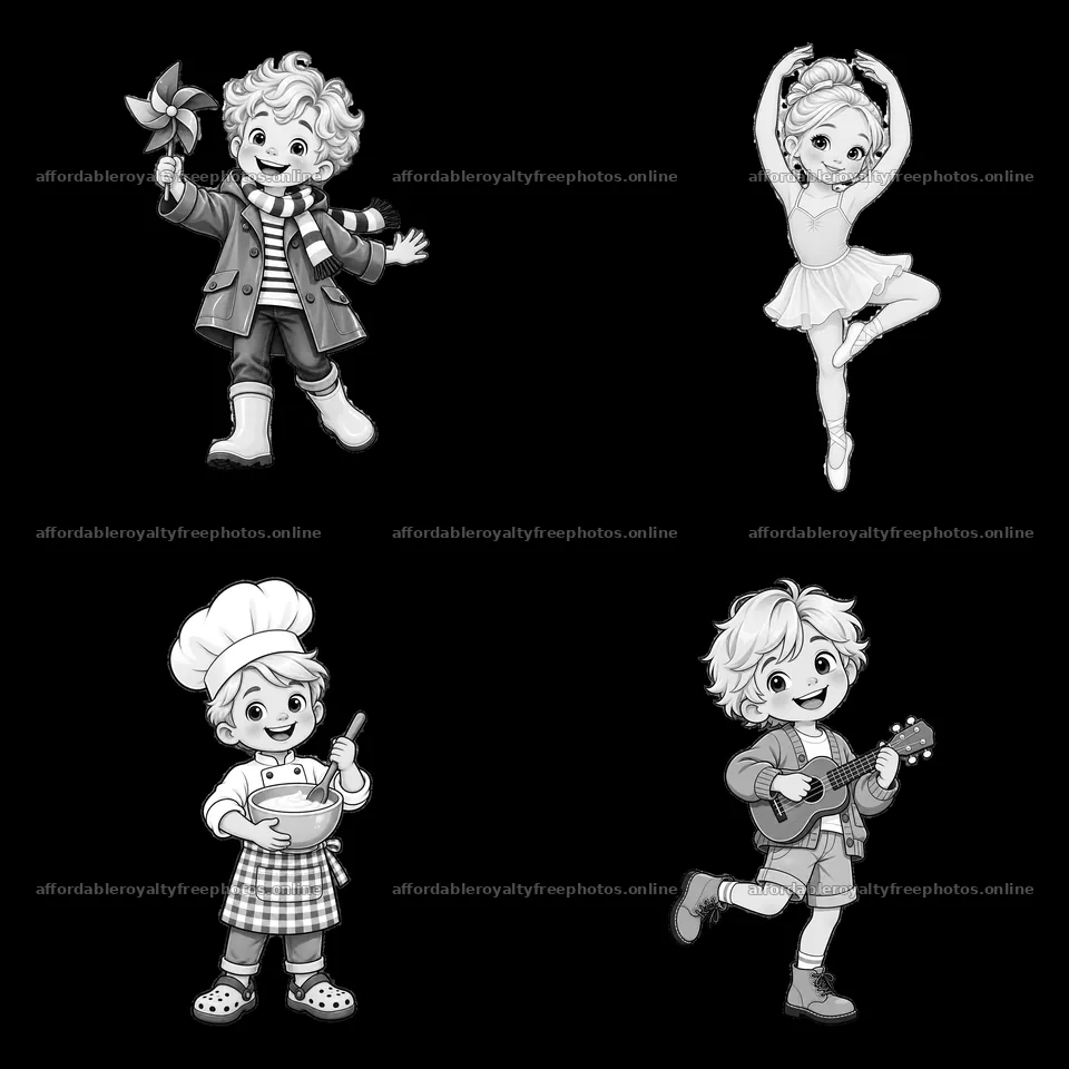 Blond child characters in various playful activities in – royalty-free photos 7746x7746
