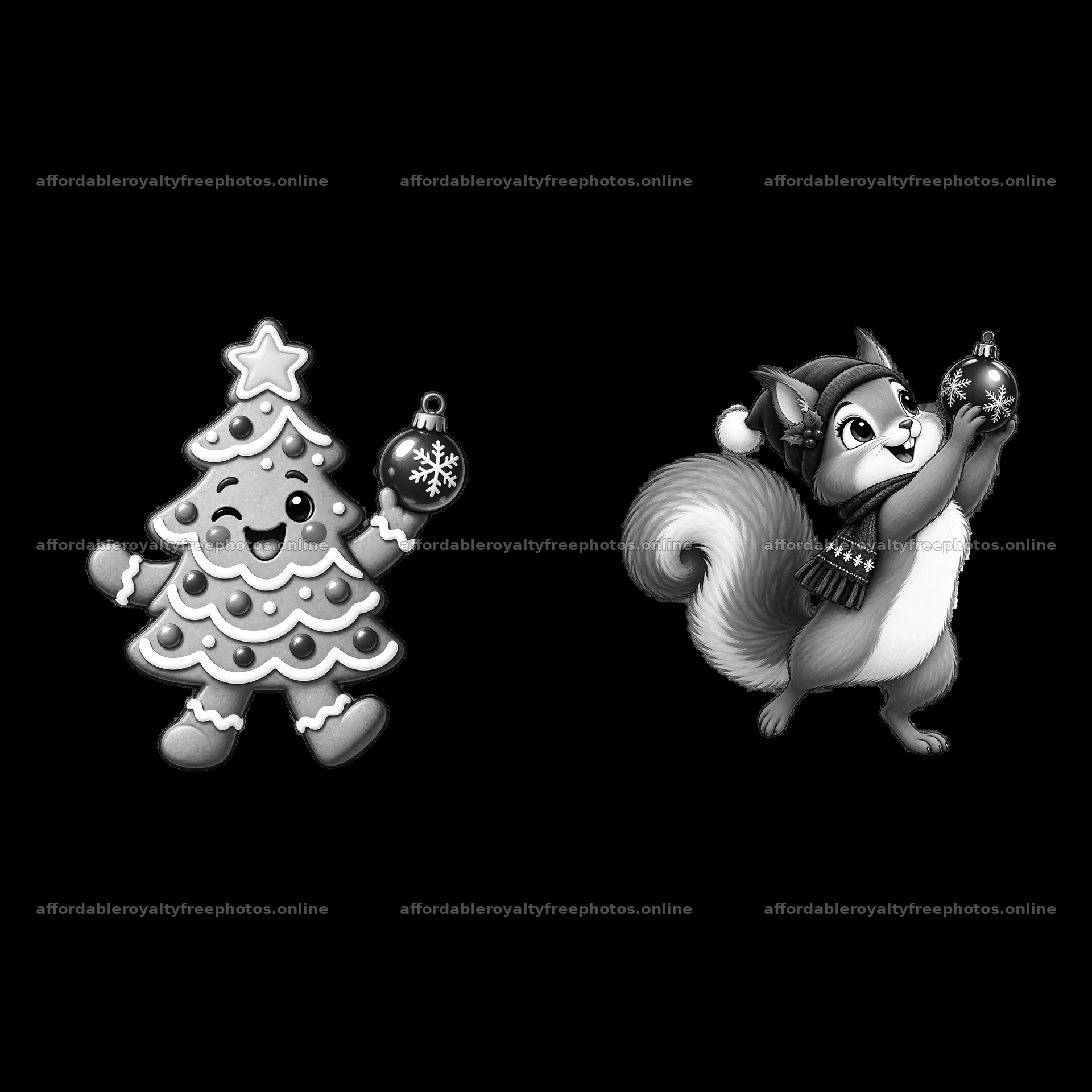 Cartoon Christmas tree and squirrel holding an ornament – royalty-free photos 7746x7746