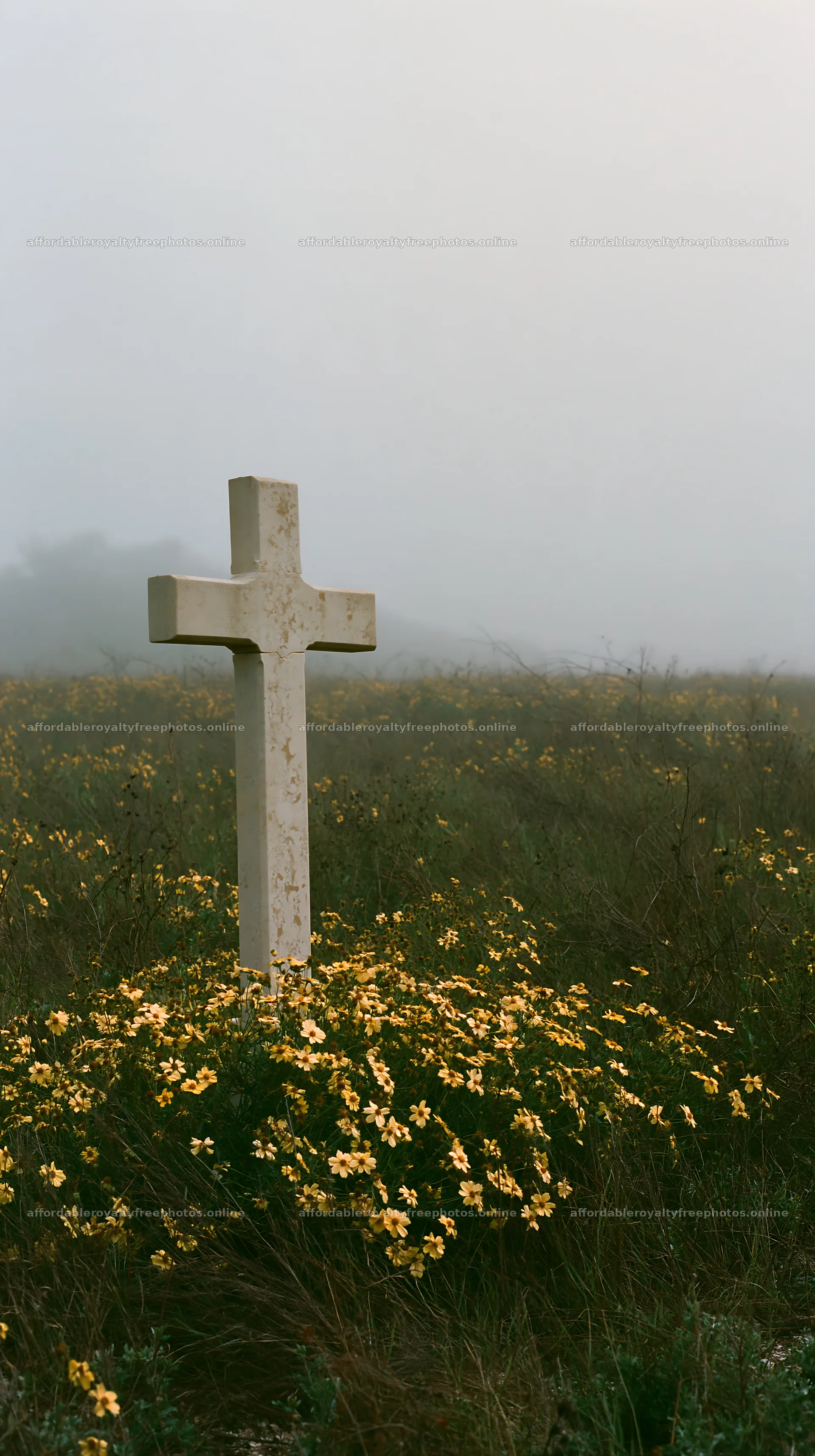 Cross among yellow wildflowers in a misty field – royalty-free photos 5938x10608
