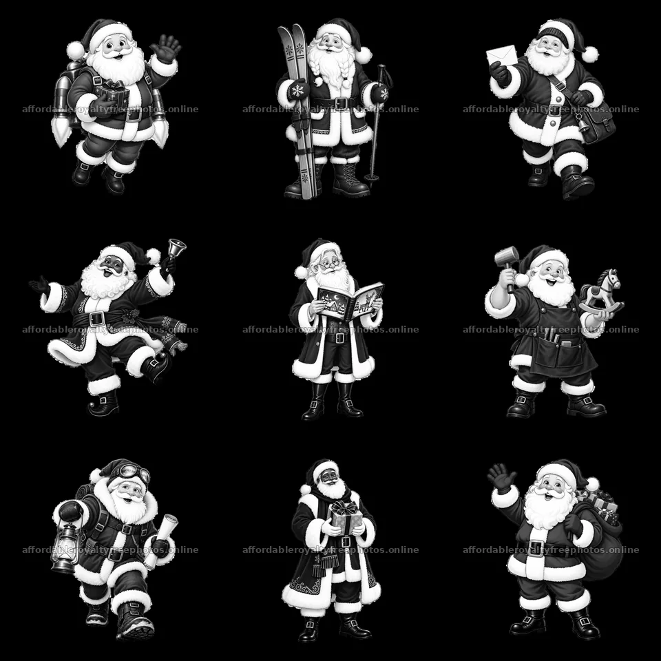 Nine Santa Claus figures engaged in various activities and poses – royalty-free photos 7746x7746
