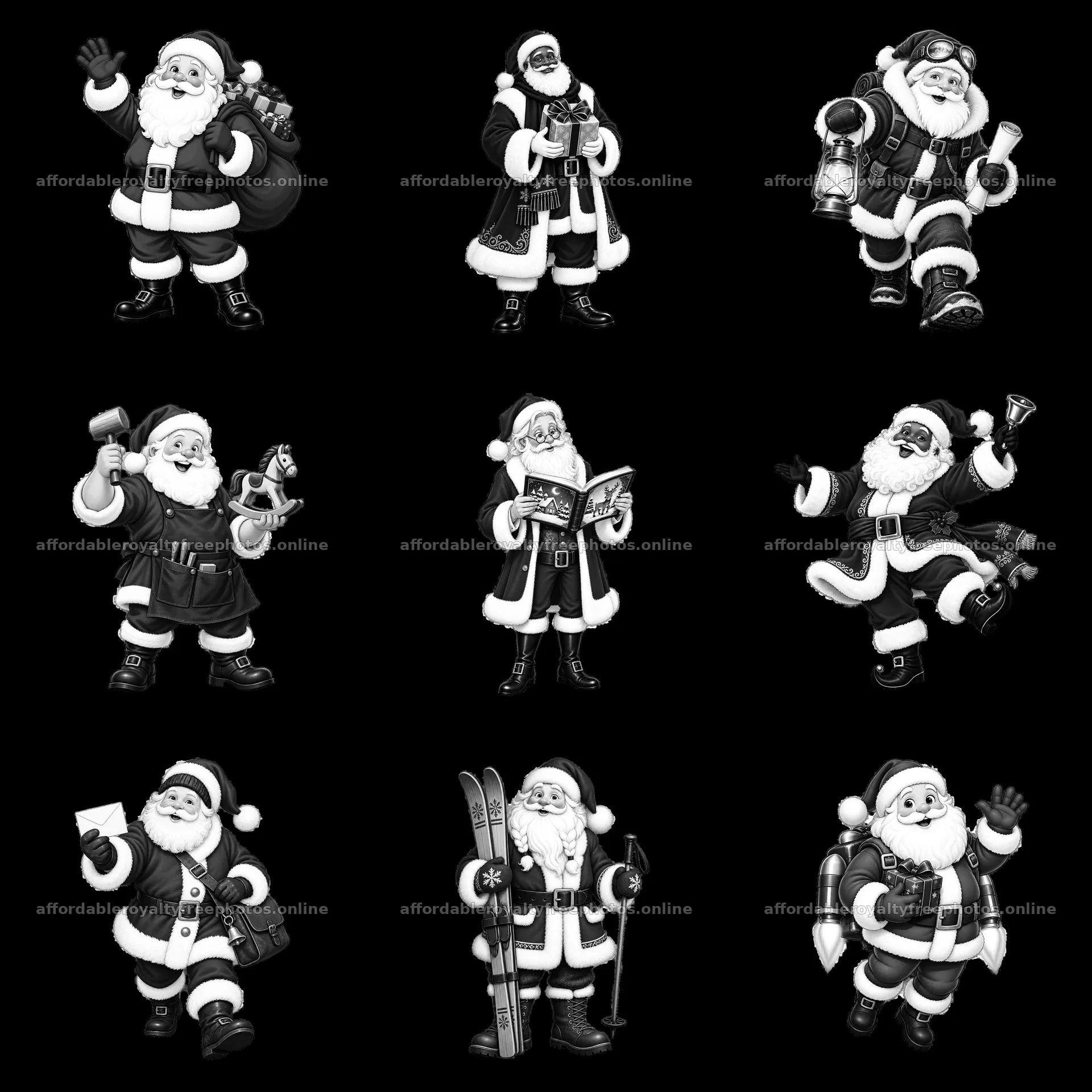 Santa Claus characters in various activities and poses – royalty-free photos 7746x7746