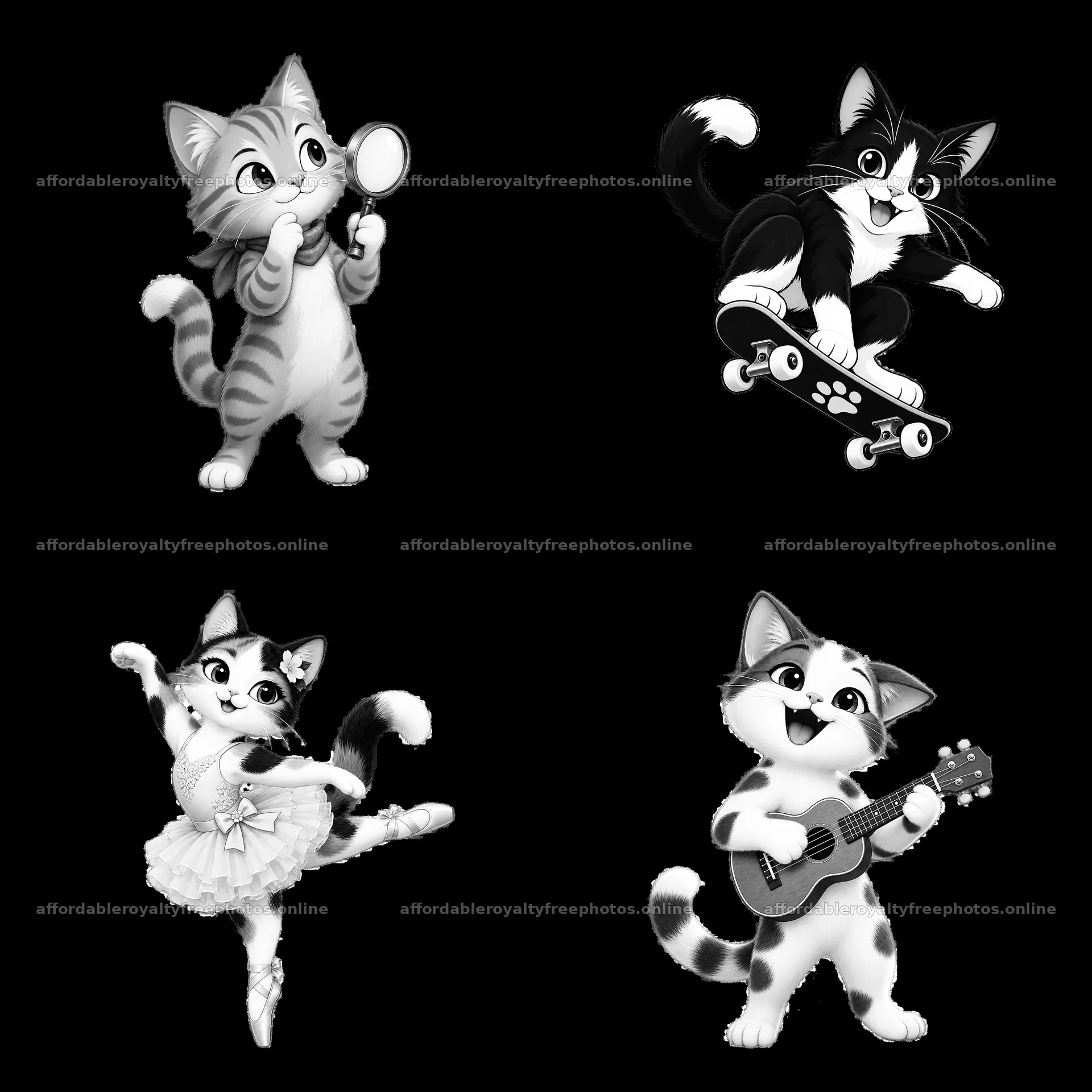 Cartoon cats engaging in various activities in black and – royalty-free photos 7746x7746
