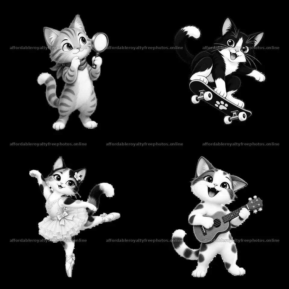 Cartoon cats engaging in various activities in black and – royalty-free photos 7746x7746
