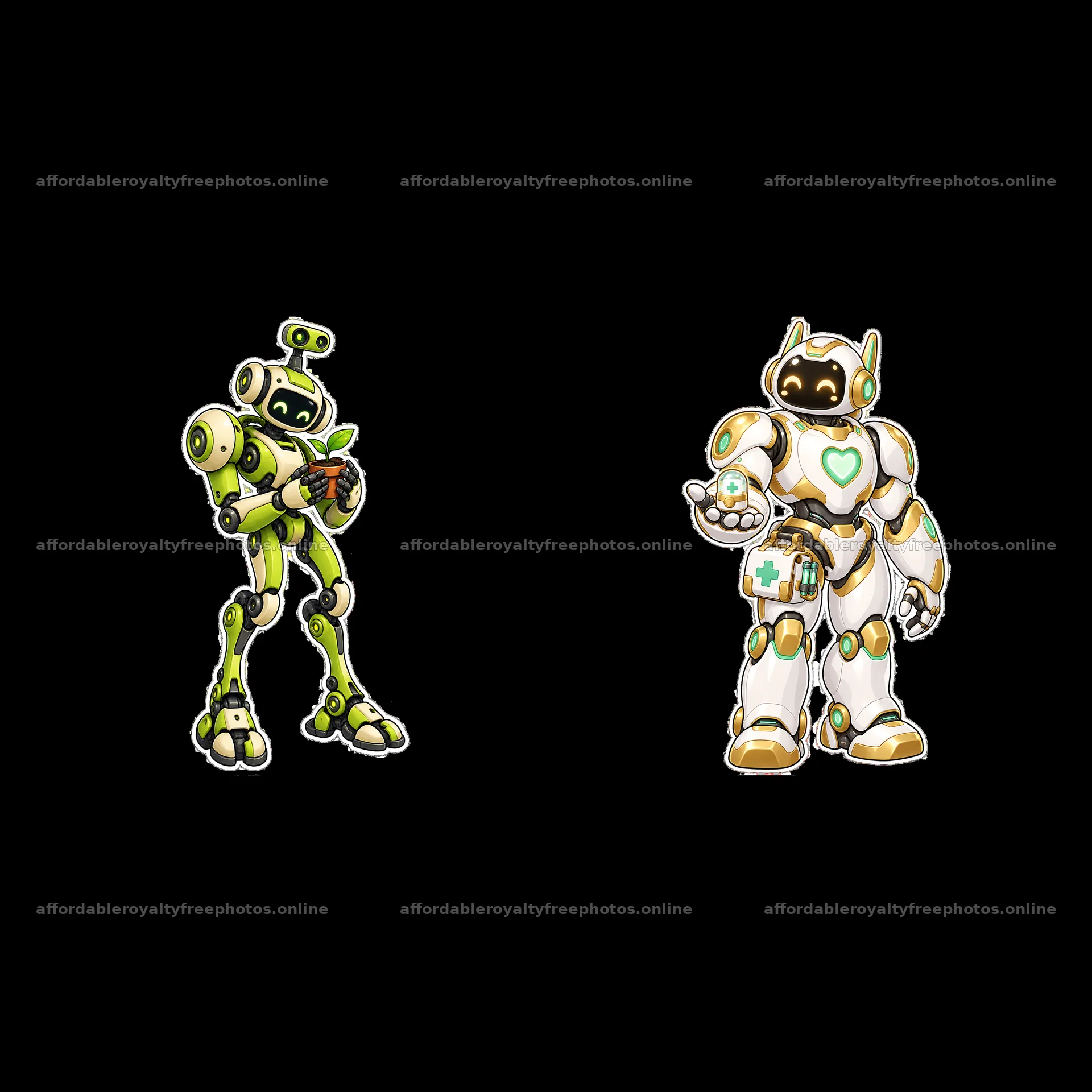 Mech robots standing together with accessories and – royalty-free photos 7746x7746