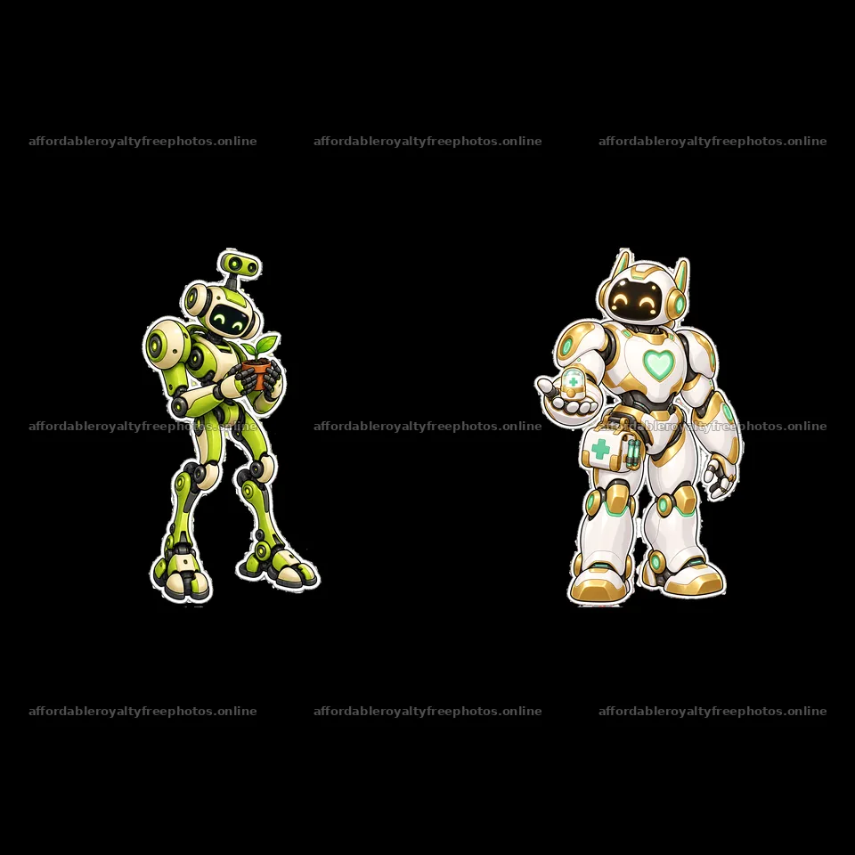 Mech robots standing together with accessories and – royalty-free photos 7746x7746