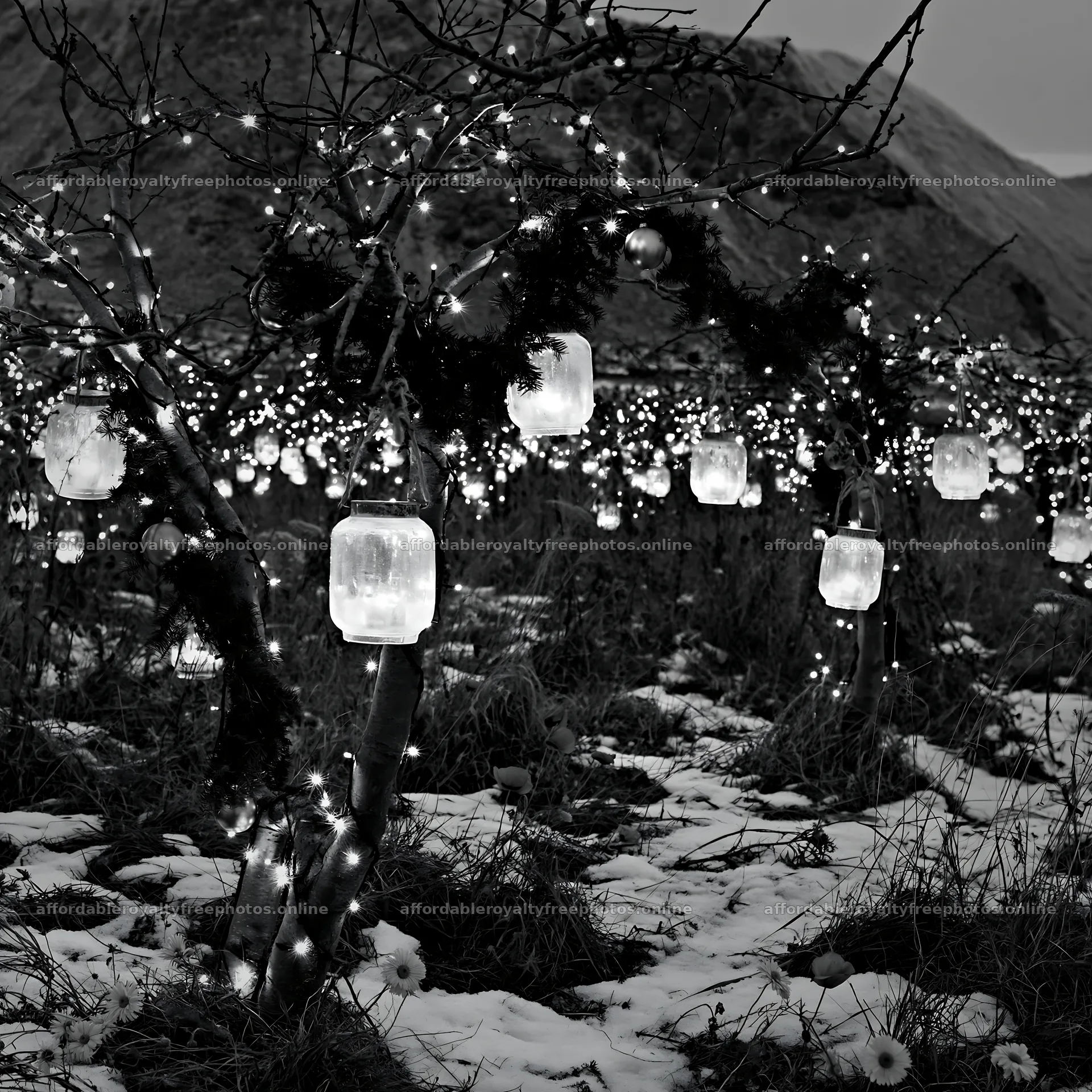 Christmas lanterns on apple trees in Lofoten meadow – royalty-free photos 7938x7938