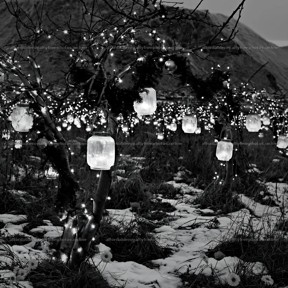 Christmas lanterns on apple trees in Lofoten meadow – royalty-free photos 7938x7938