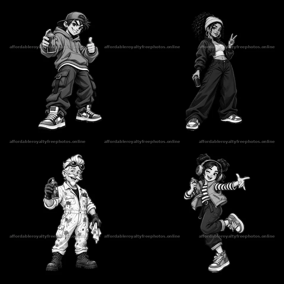 Cool graffiti sprayer characters in a 2x2 grid layout – royalty-free photos 7746x7746